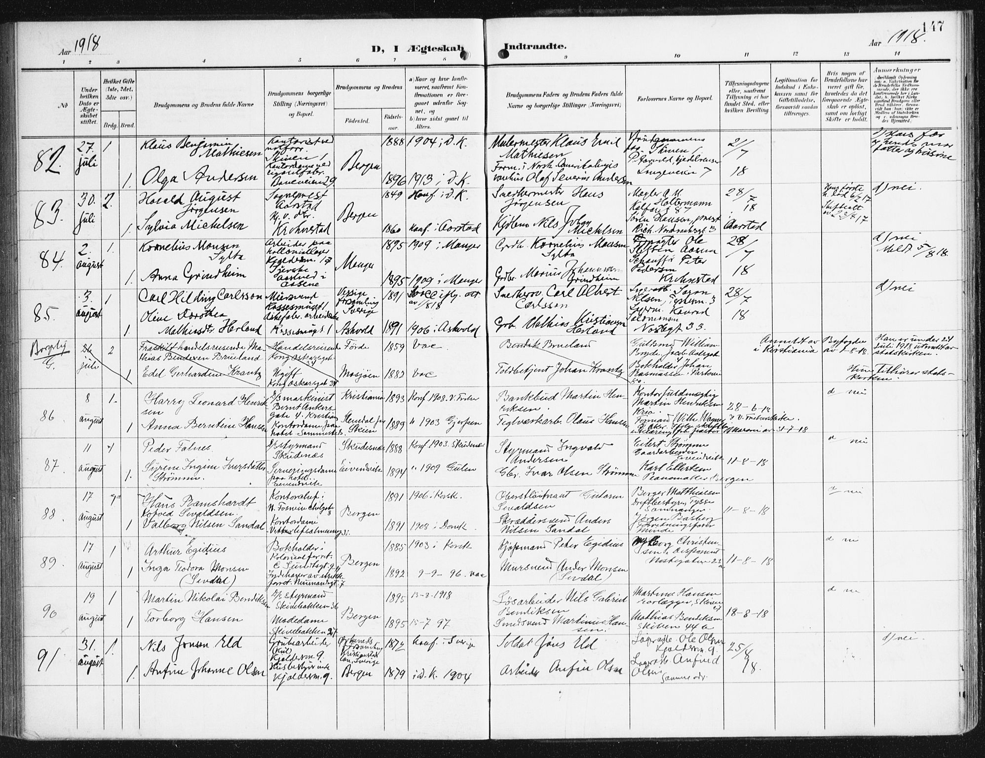 Domkirken sokneprestembete, SAB/A-74801/H/Haa/L0038: Parish register (official) no. D 5, 1906-1921, p. 147