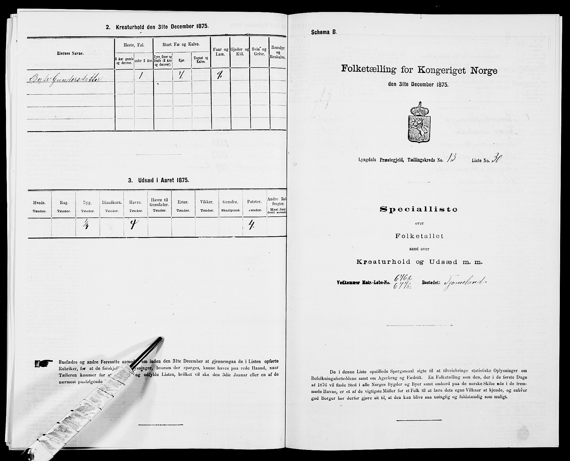 SAK, 1875 census for 1032P Lyngdal, 1875, p. 2005