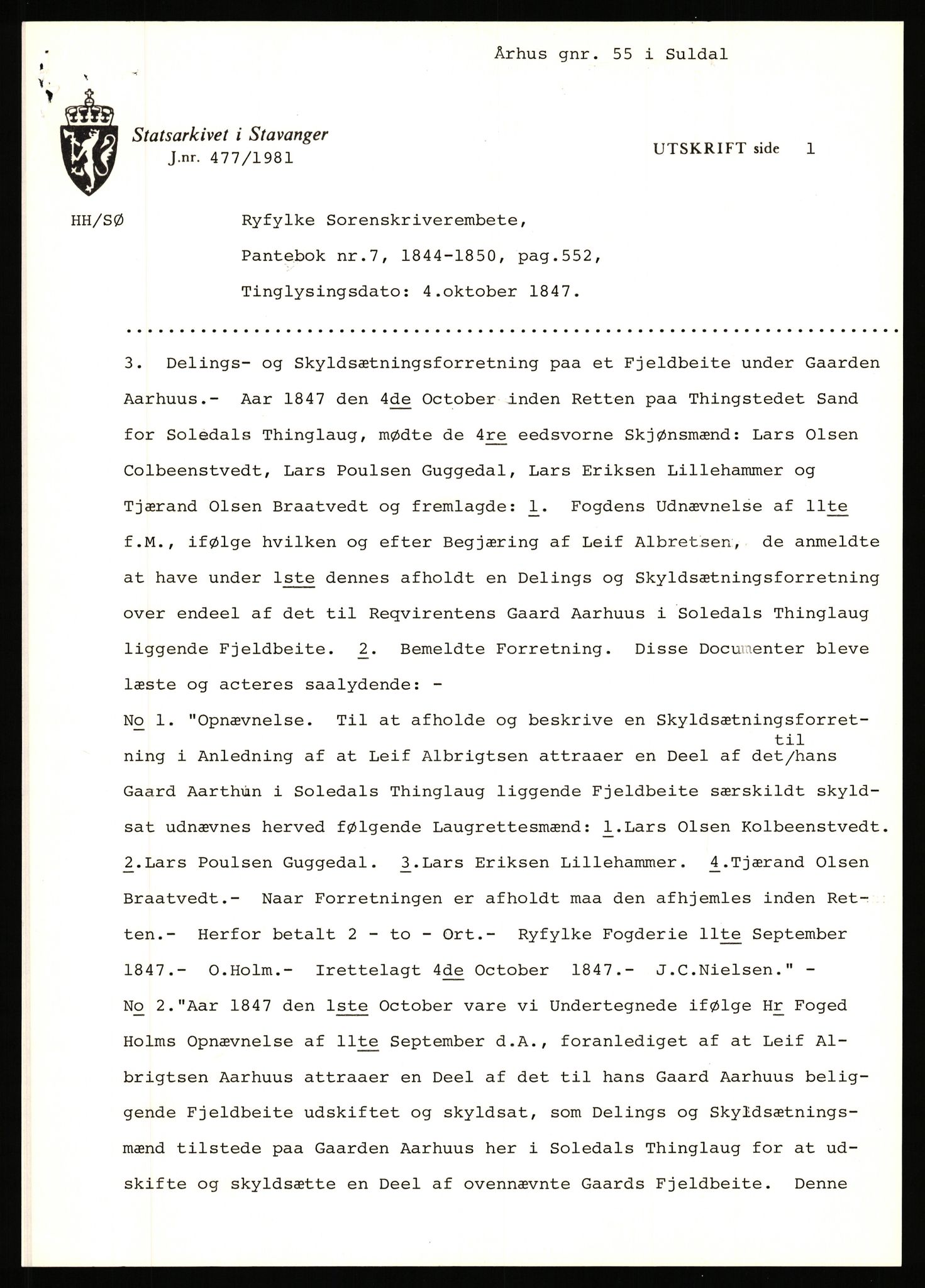 Statsarkivet i Stavanger, AV/SAST-A-101971/03/Y/Yj/L0100: Avskrifter sortert etter gårdsnavn: Ålgård - Årsland, 1750-1930, p. 574