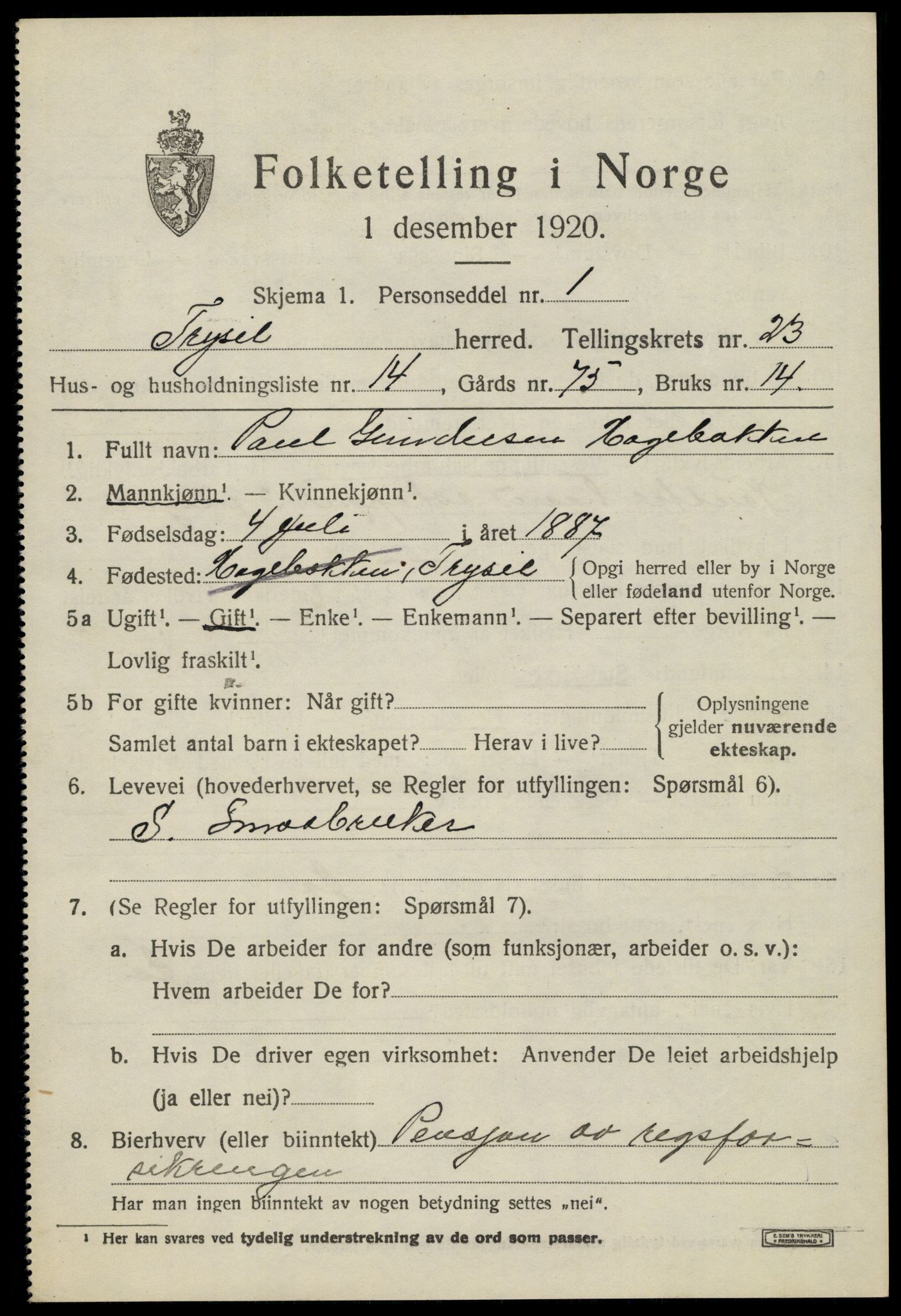 SAH, 1920 census for Trysil, 1920, p. 14993