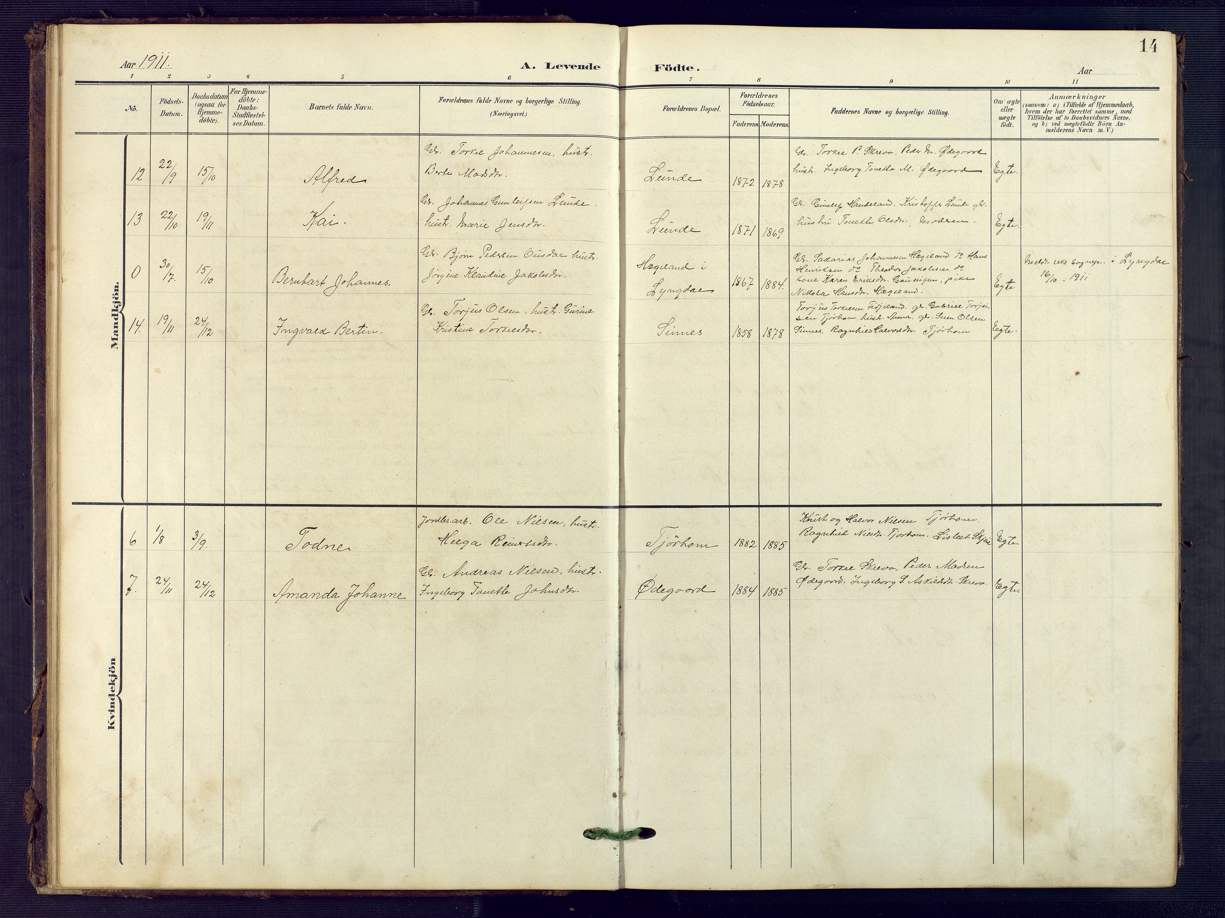 Sirdal sokneprestkontor, SAK/1111-0036/F/Fb/Fba/L0002: Parish register (copy) no. B 2, 1905-1958, p. 14