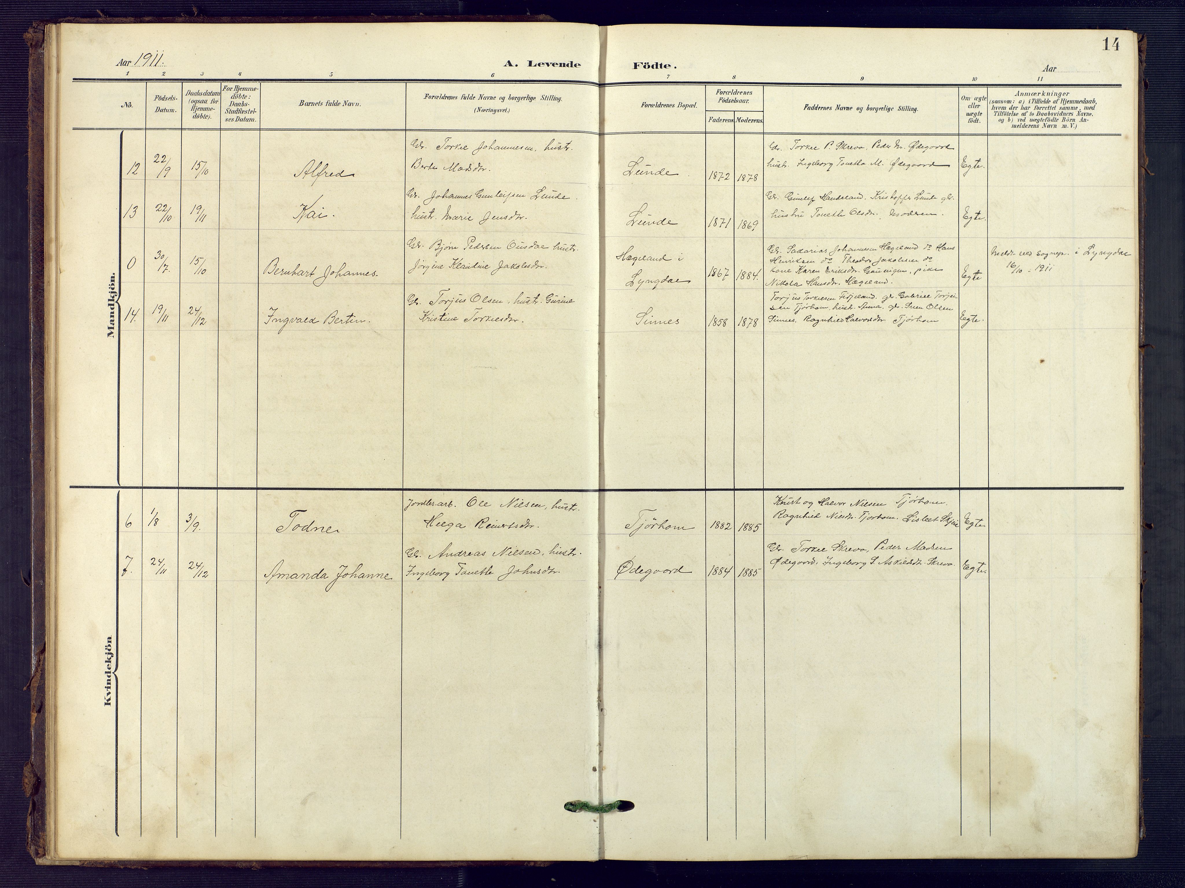 Sirdal sokneprestkontor, AV/SAK-1111-0036/F/Fb/Fba/L0002: Parish register (copy) no. B 2, 1905-1958, p. 14