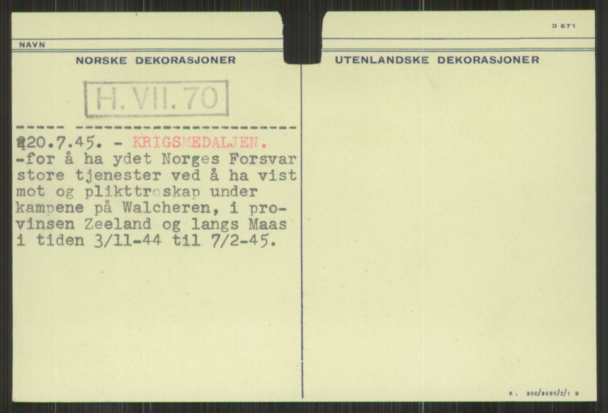 Forsvaret, Krigsdekorasjonskanselliet, AV/RA-RAFA-5156/G/Gd/L0001: Diverse registre, 1944-1956, p. 245