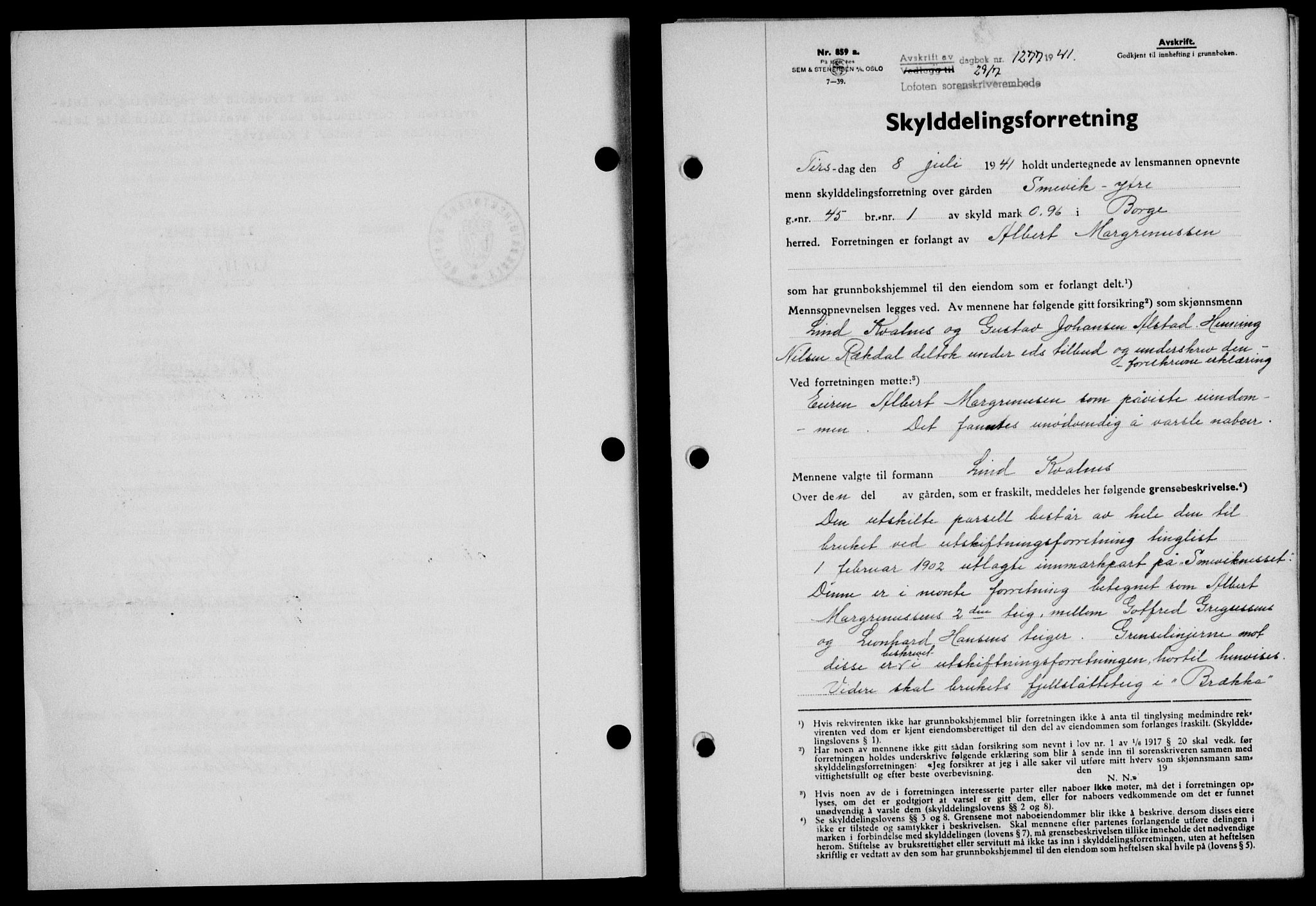 Lofoten sorenskriveri, SAT/A-0017/1/2/2C/L0008a: Mortgage book no. 8a, 1940-1941, Diary no: : 1277/1941