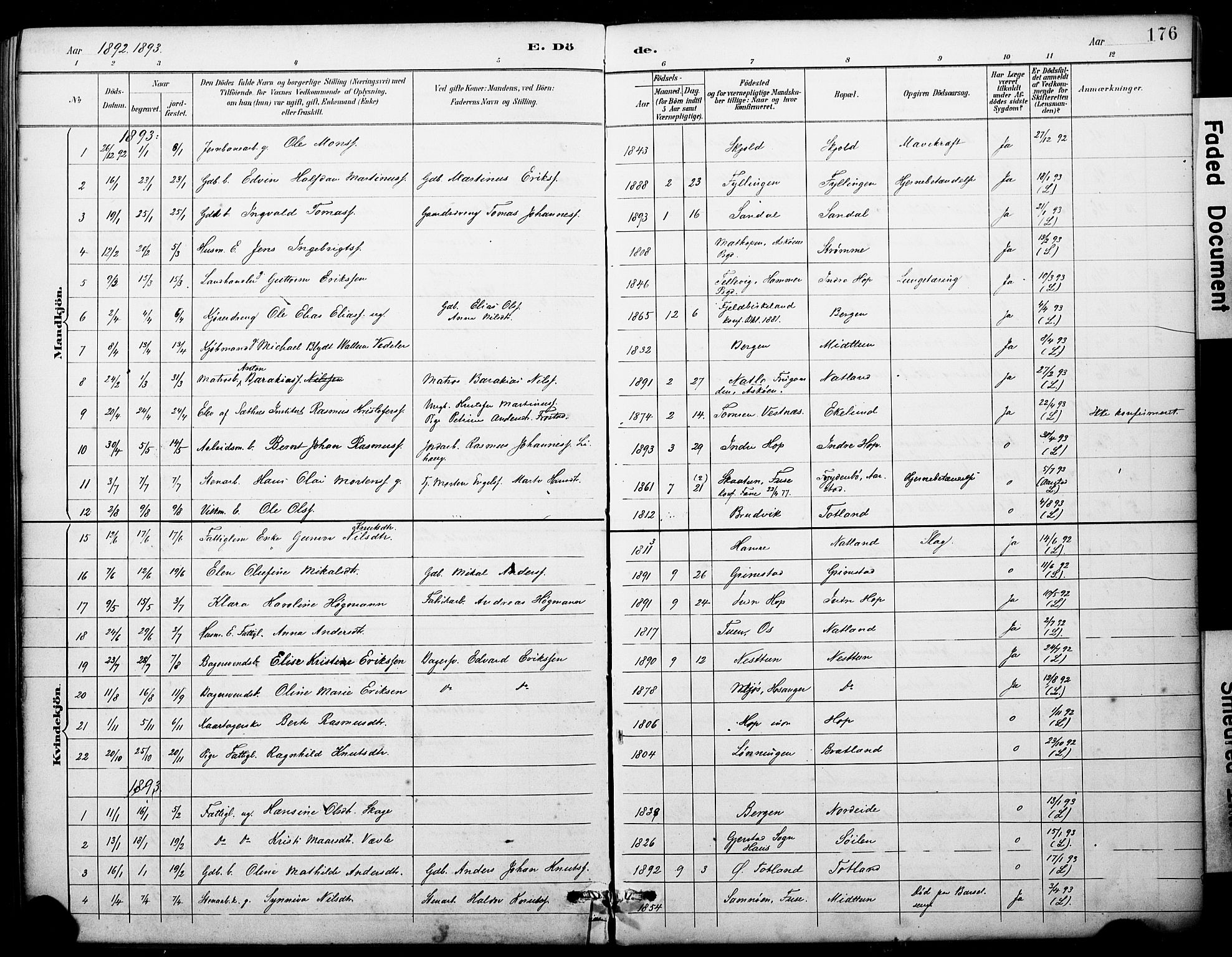 Fana Sokneprestembete, SAB/A-75101/H/Haa/Haai/L0002: Parish register (official) no. I 2, 1888-1899, p. 176