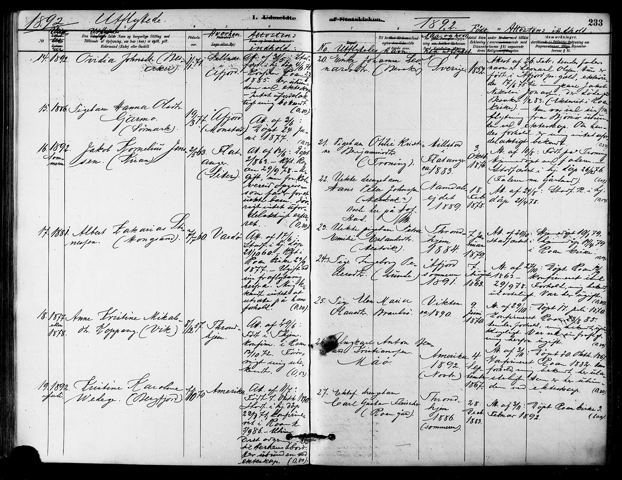 Ministerialprotokoller, klokkerbøker og fødselsregistre - Sør-Trøndelag, SAT/A-1456/657/L0707: Parish register (official) no. 657A08, 1879-1893, p. 233