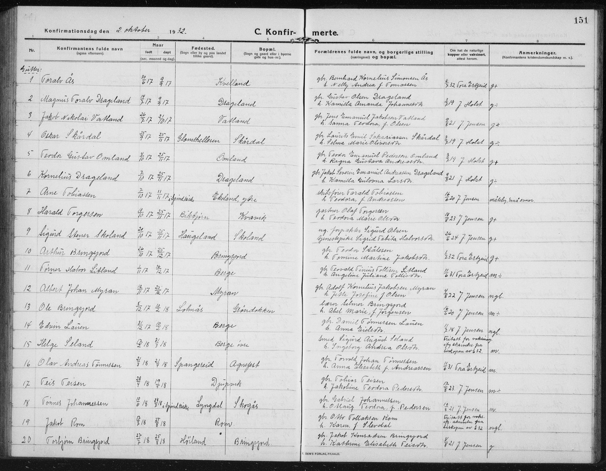 Lyngdal sokneprestkontor, AV/SAK-1111-0029/F/Fb/Fbc/L0006: Parish register (copy) no. B 6, 1914-1934, p. 151