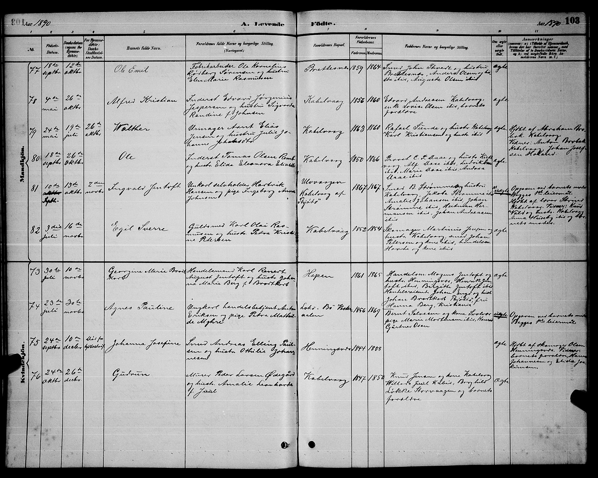 Ministerialprotokoller, klokkerbøker og fødselsregistre - Nordland, AV/SAT-A-1459/874/L1076: Parish register (copy) no. 874C05, 1884-1890, p. 103