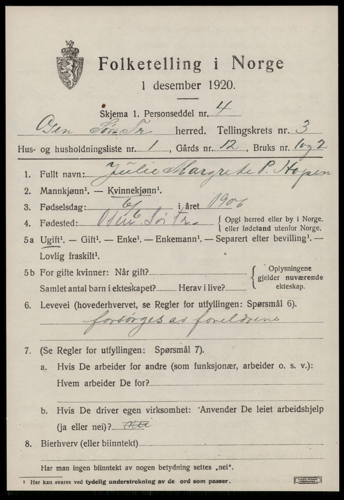 SAT, 1920 census for Osen, 1920, p. 1275