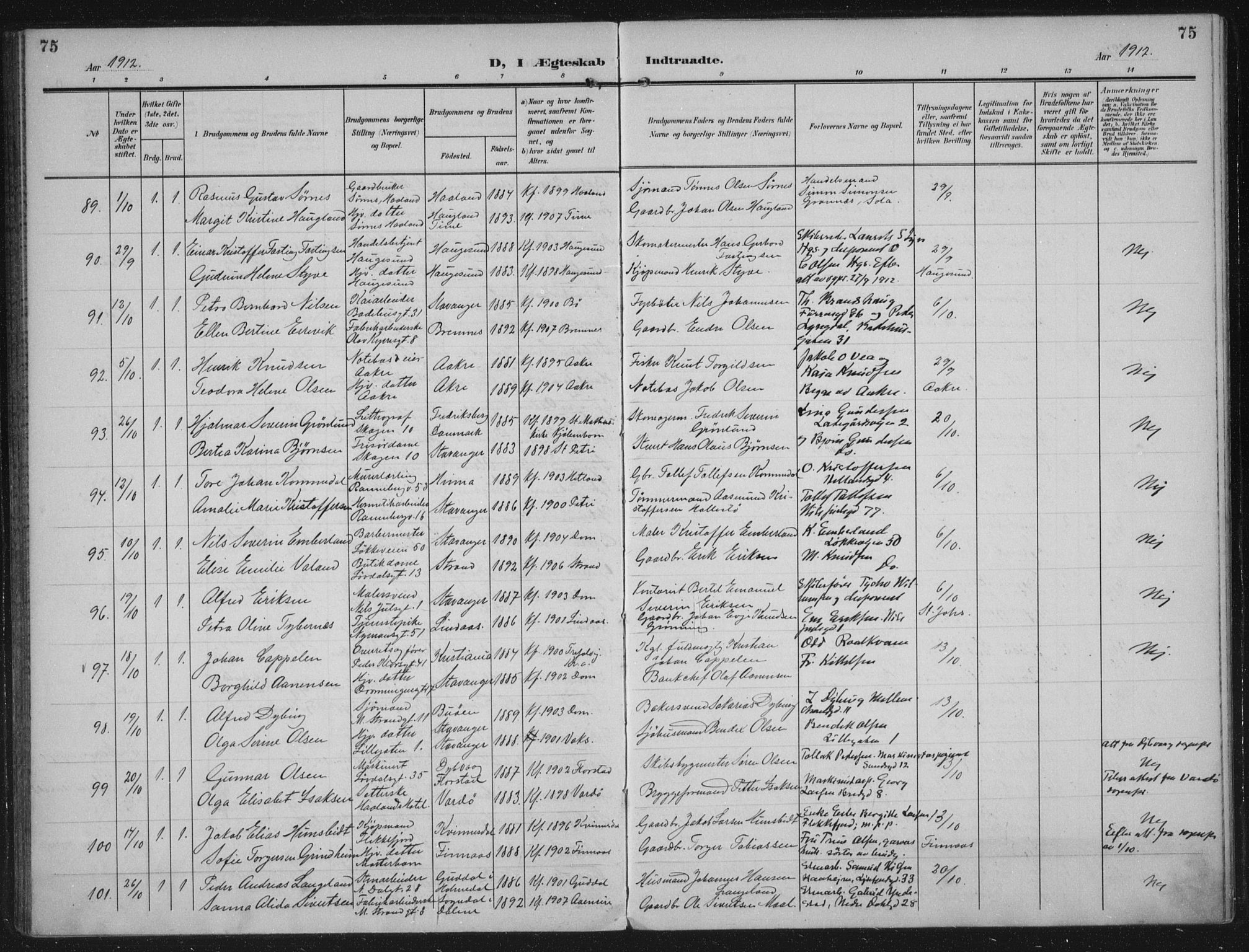 Domkirken sokneprestkontor, AV/SAST-A-101812/002/A/L0016: Parish register (official) no. A 33, 1905-1922, p. 75