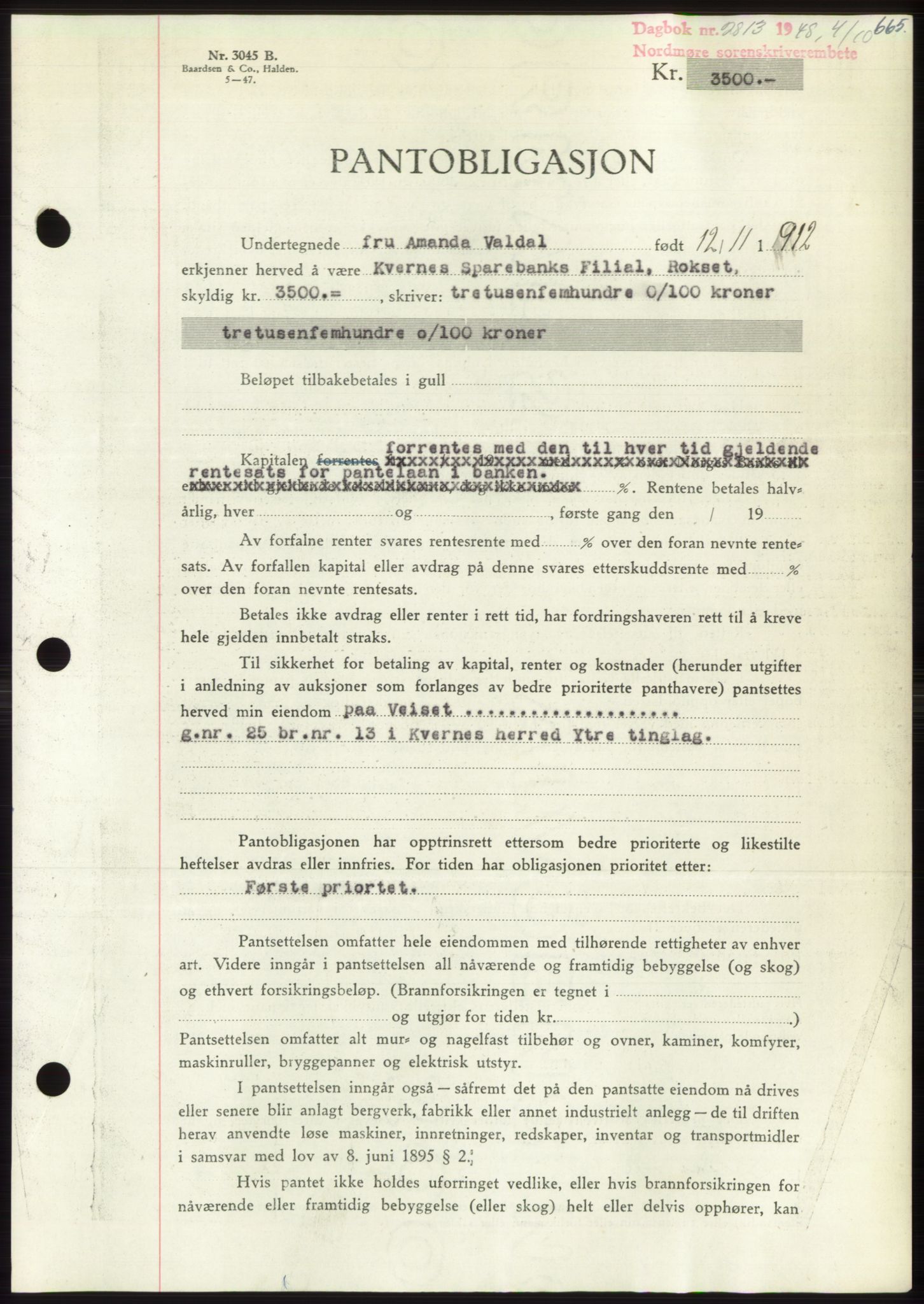 Nordmøre sorenskriveri, AV/SAT-A-4132/1/2/2Ca: Mortgage book no. B99, 1948-1948, Diary no: : 2813/1948