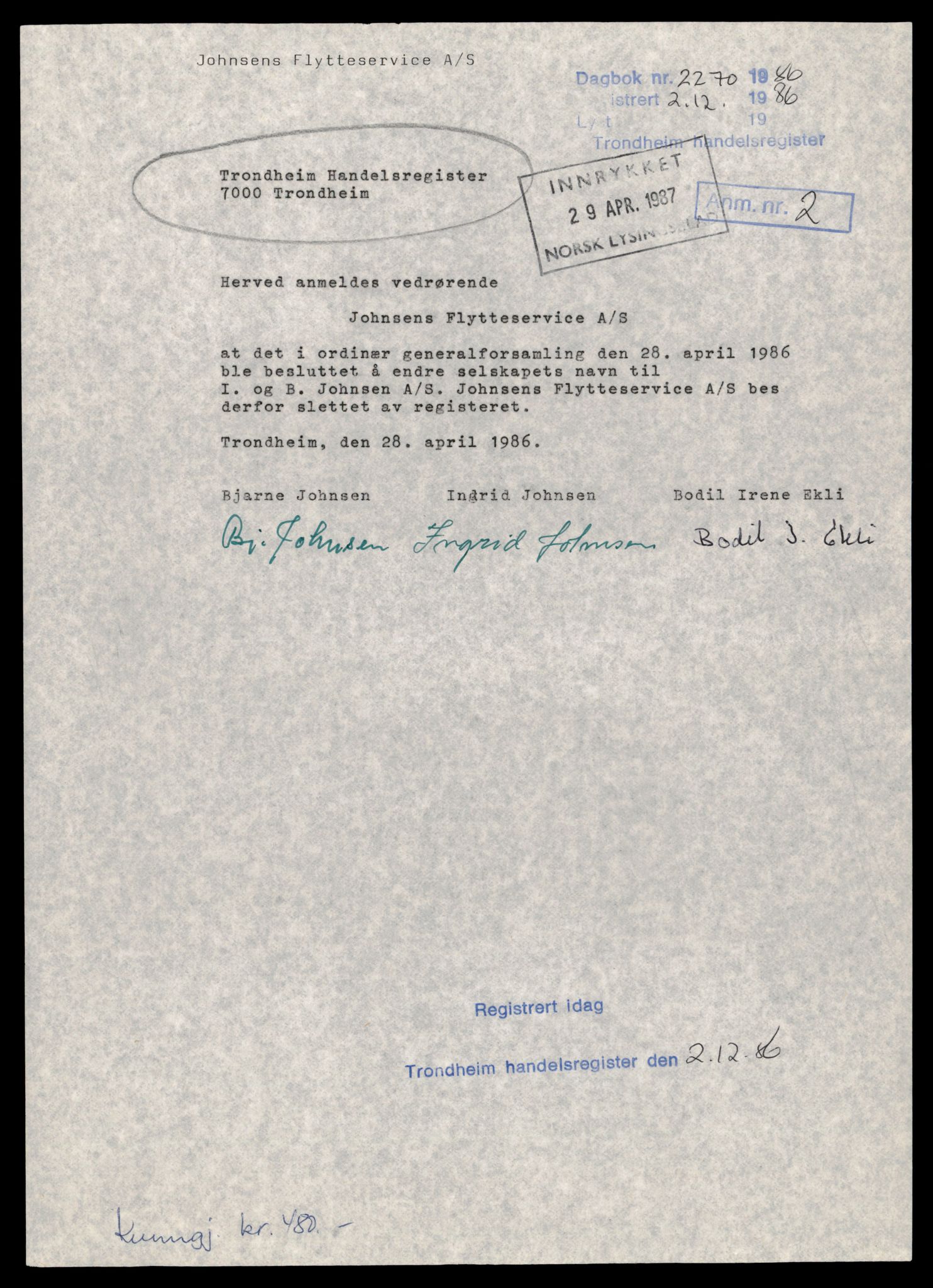 Trondheim byfogd, SAT/A-0003/2/J/Jd/Jdb/L0094: Aksjeselskap, andelslag og borettslag, Jo-Lar, 1986-1987, p. 1