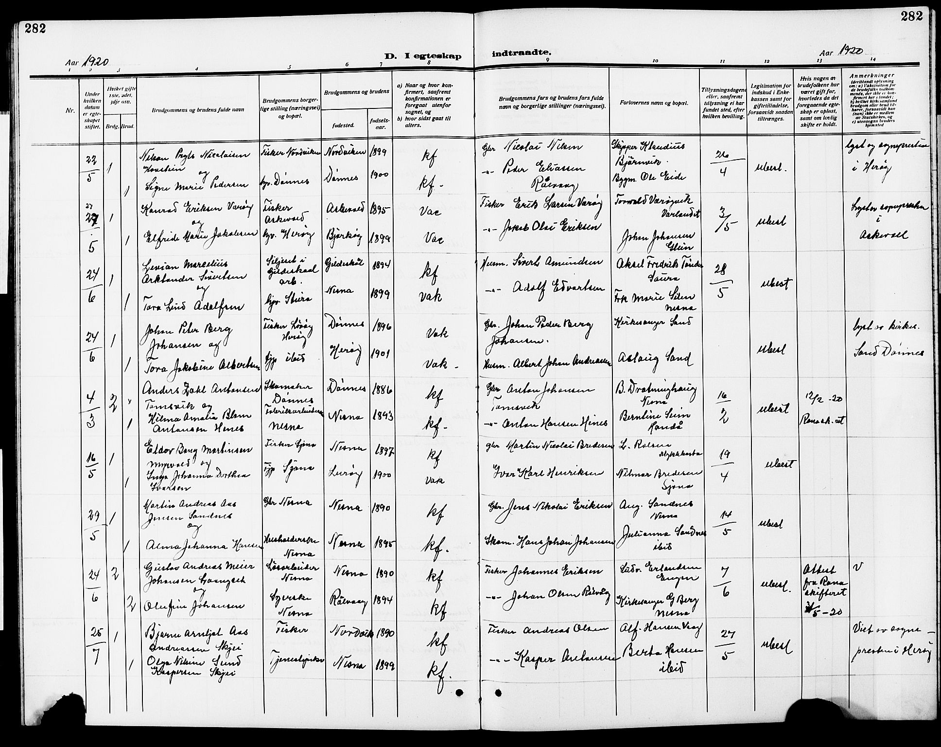 Ministerialprotokoller, klokkerbøker og fødselsregistre - Nordland, AV/SAT-A-1459/838/L0560: Parish register (copy) no. 838C07, 1910-1928, p. 282