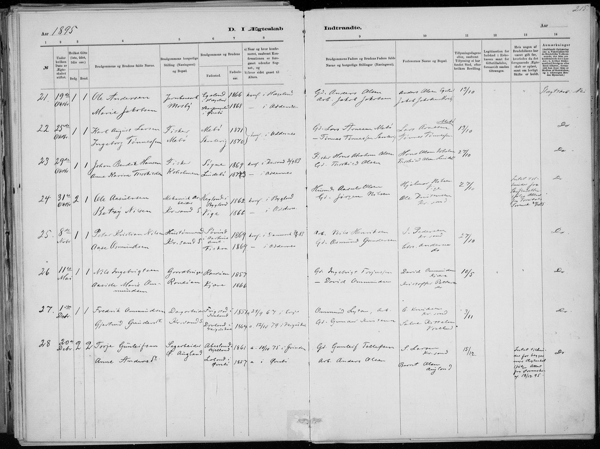 Oddernes sokneprestkontor, AV/SAK-1111-0033/F/Fa/Faa/L0009: Parish register (official) no. A 9, 1884-1896, p. 215