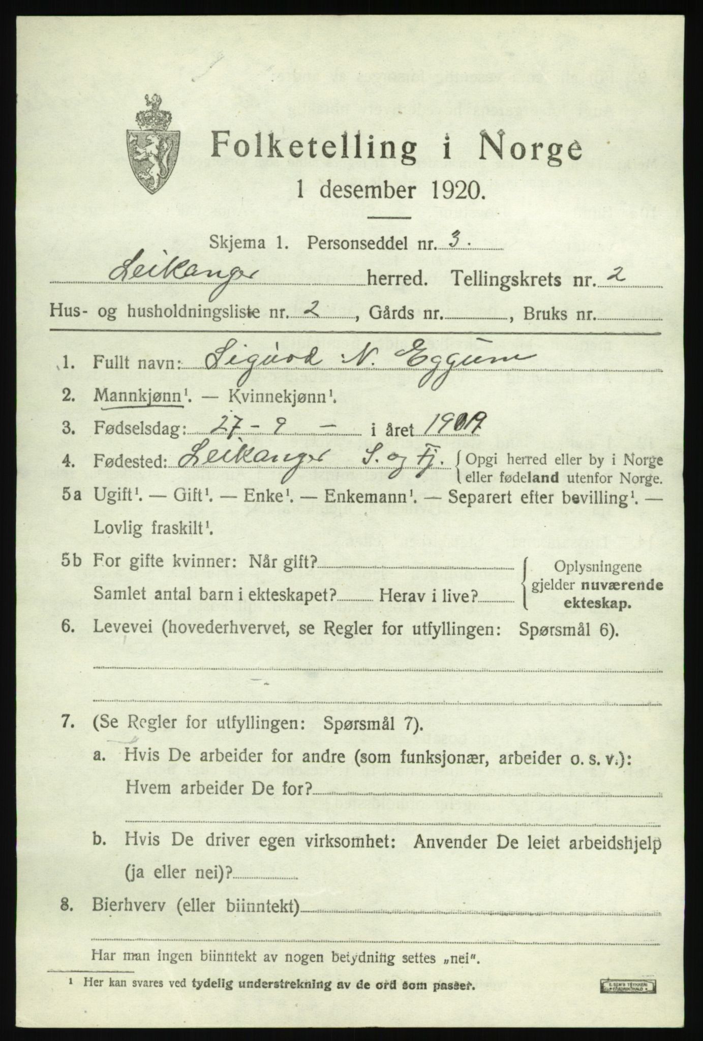 SAB, 1920 census for Leikanger, 1920, p. 1414