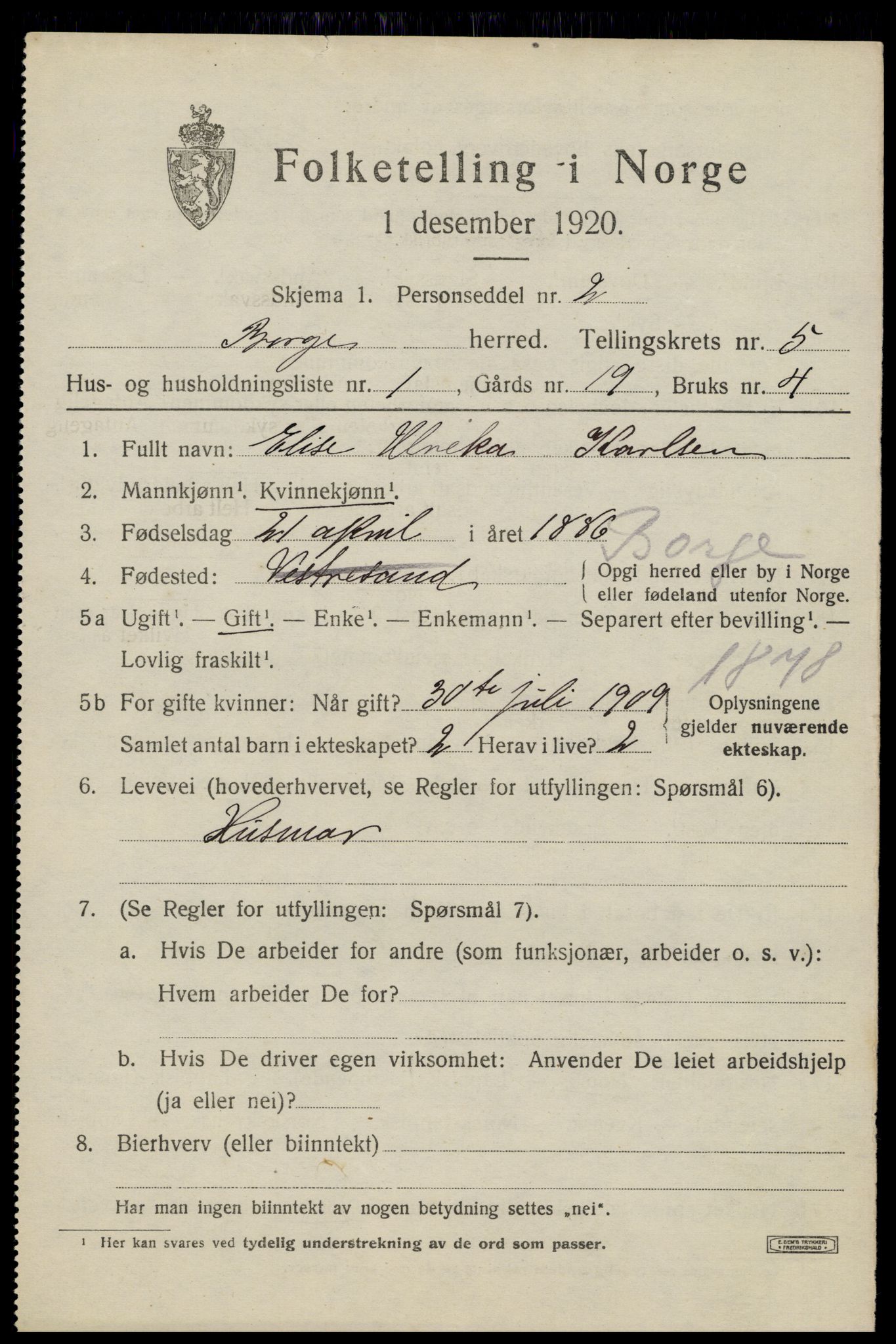 SAT, 1920 census for Borge, 1920, p. 5077