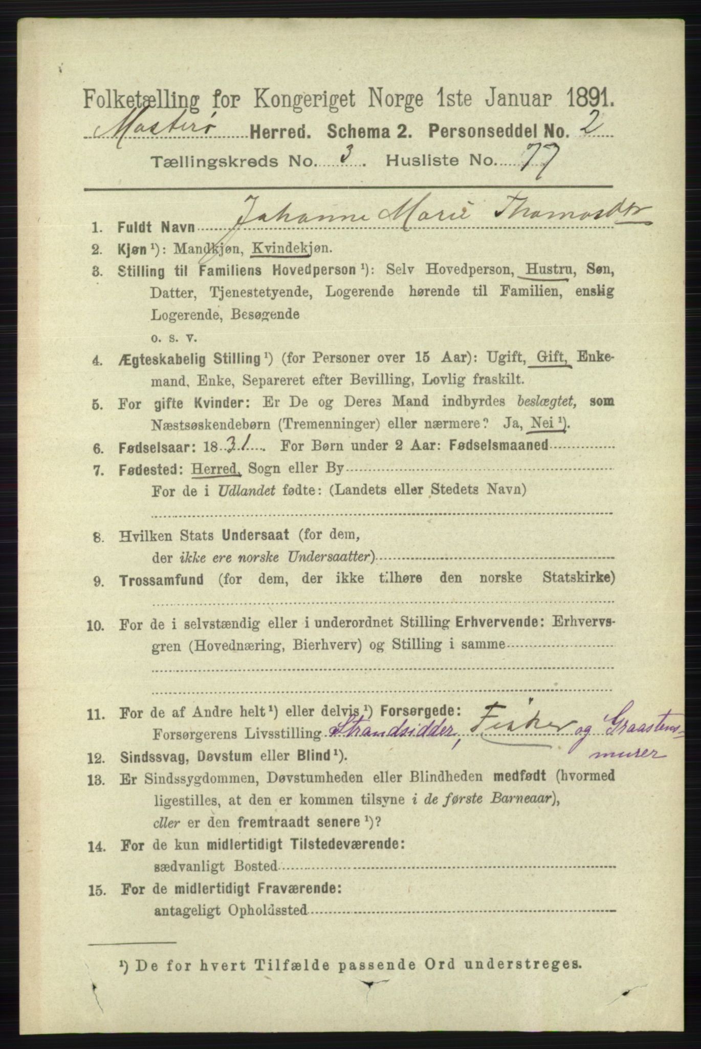 RA, 1891 census for 1143 Mosterøy, 1891, p. 1485