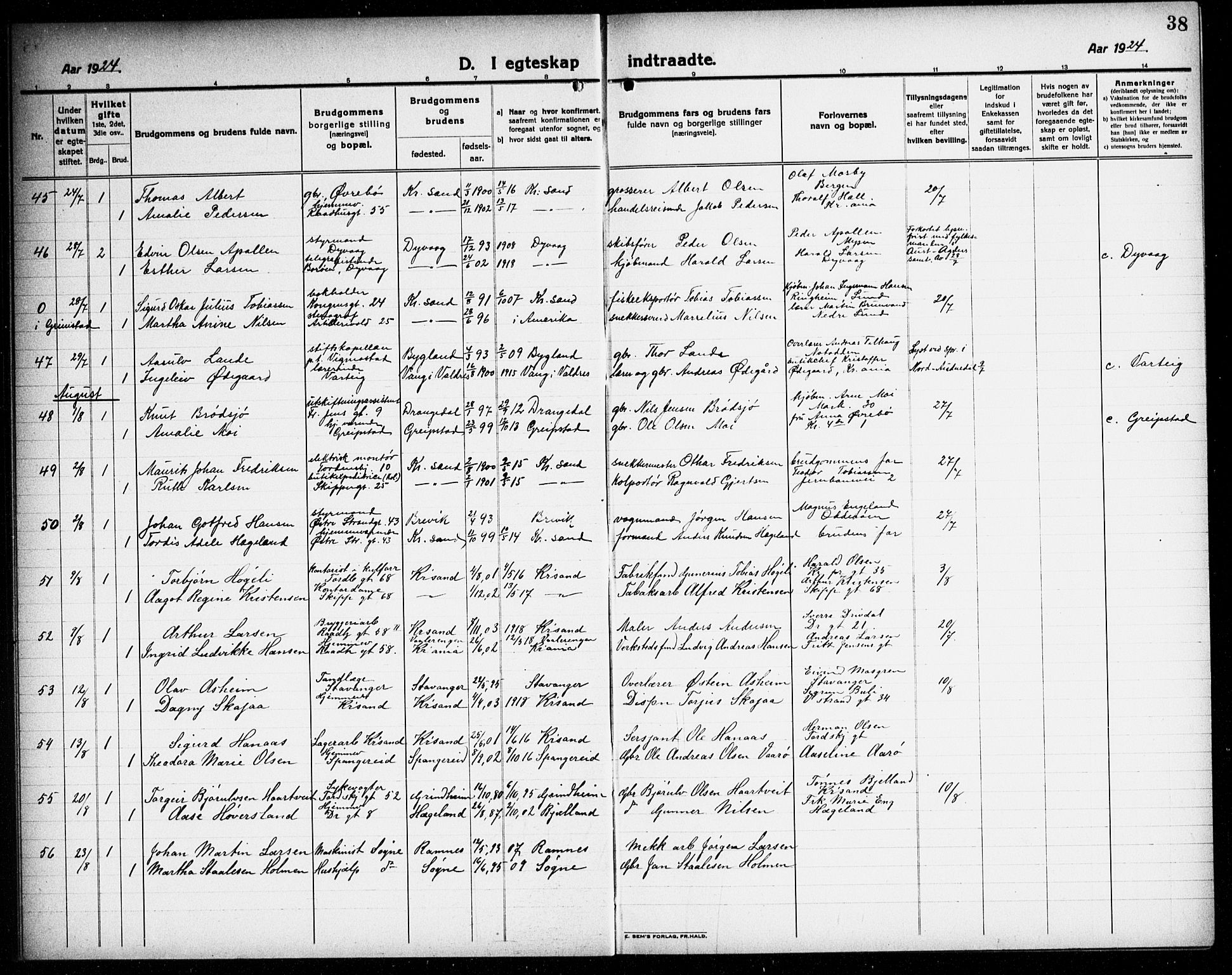 Kristiansand domprosti, AV/SAK-1112-0006/F/Fb/L0023: Parish register (copy) no. B 23, 1921-1937, p. 38