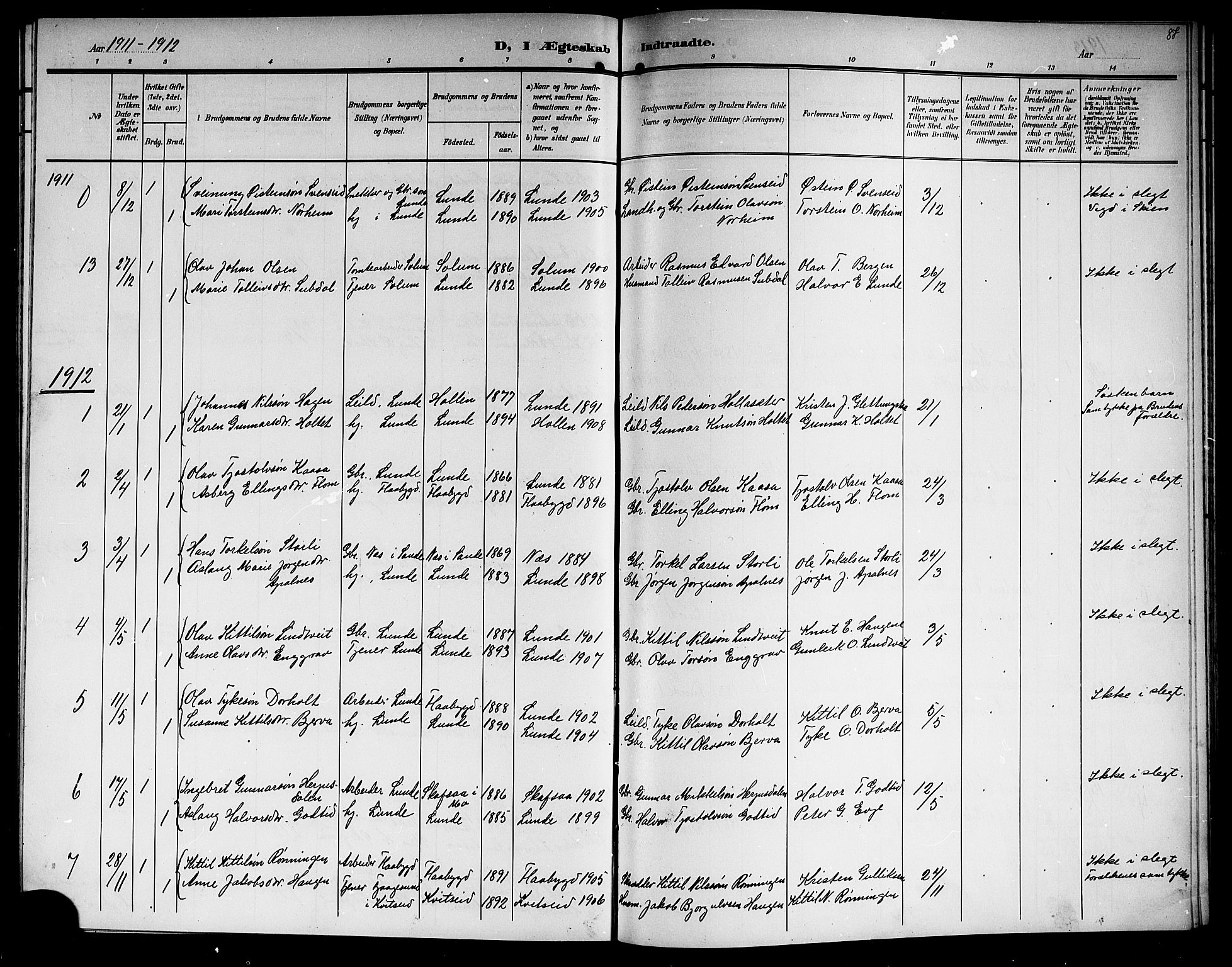 Lunde kirkebøker, AV/SAKO-A-282/G/Ga/L0004: Parish register (copy) no. I 4, 1906-1914, p. 87