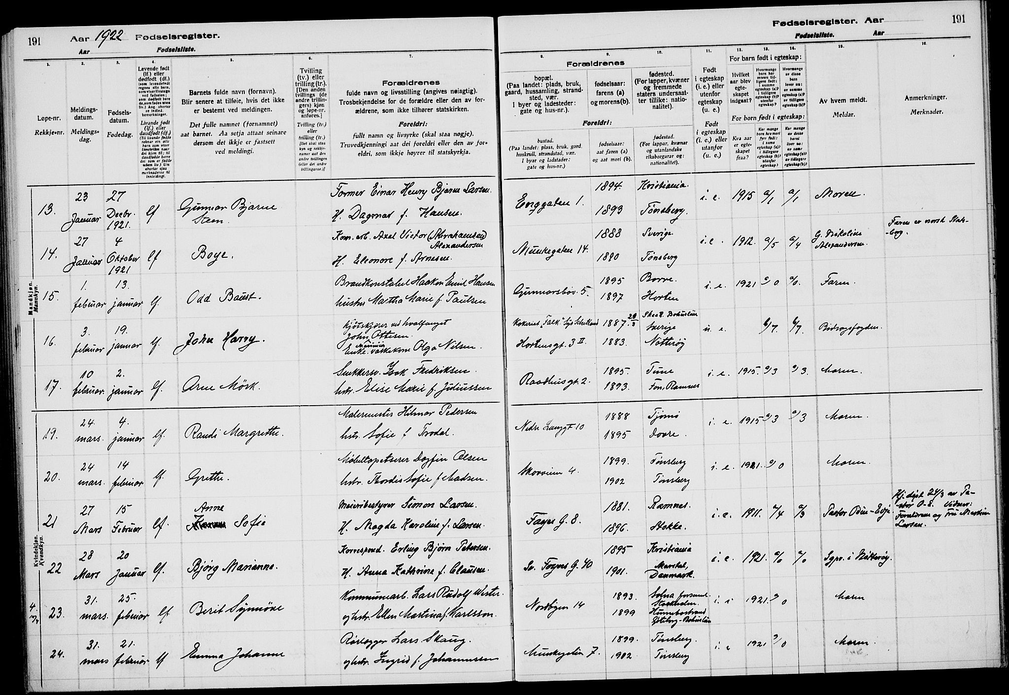 Tønsberg kirkebøker, AV/SAKO-A-330/J/Ja/L0001: Birth register no. 1, 1916-1922, p. 191