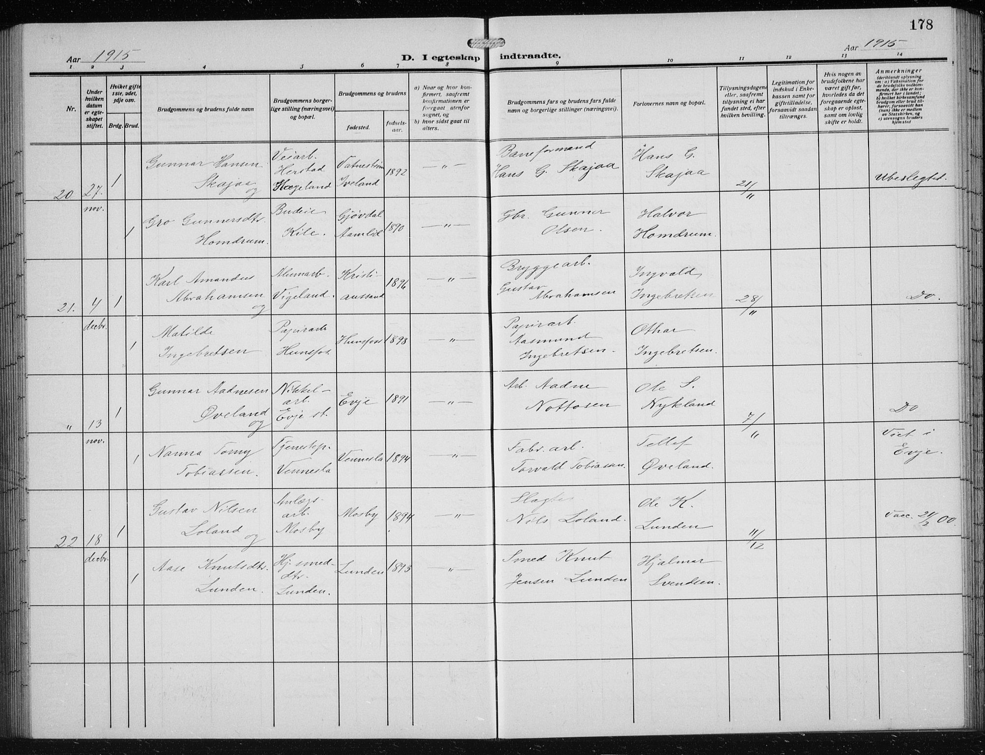 Vennesla sokneprestkontor, AV/SAK-1111-0045/Fb/Fbb/L0006: Parish register (copy) no. B 6, 1914-1921, p. 178