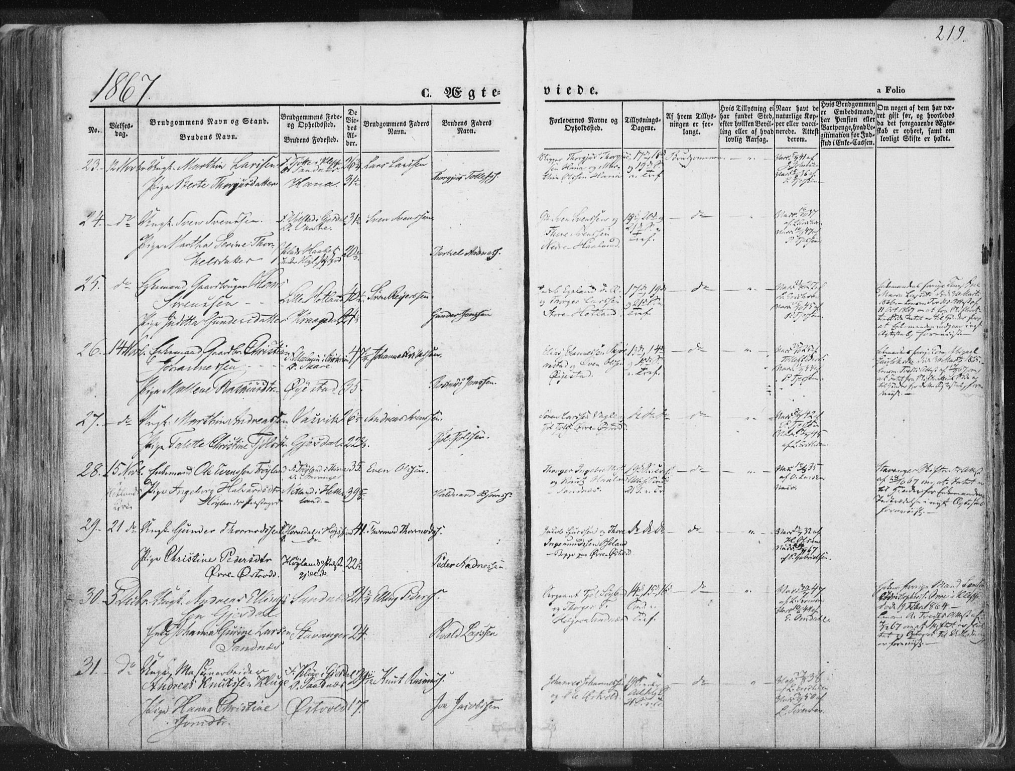 Høyland sokneprestkontor, SAST/A-101799/001/30BA/L0010: Parish register (official) no. A 9.1, 1857-1877, p. 219