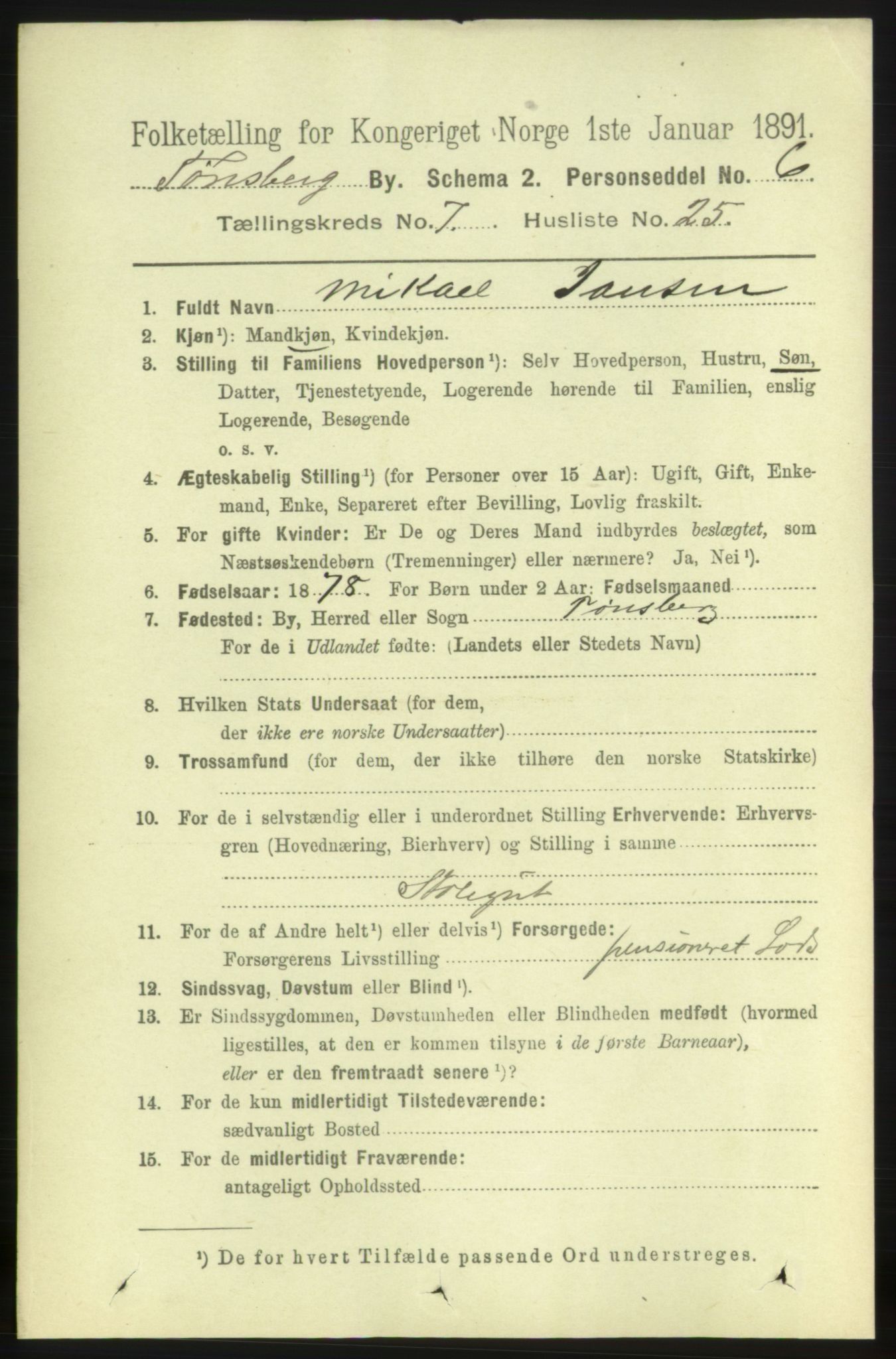 RA, 1891 census for 0705 Tønsberg, 1891, p. 3041