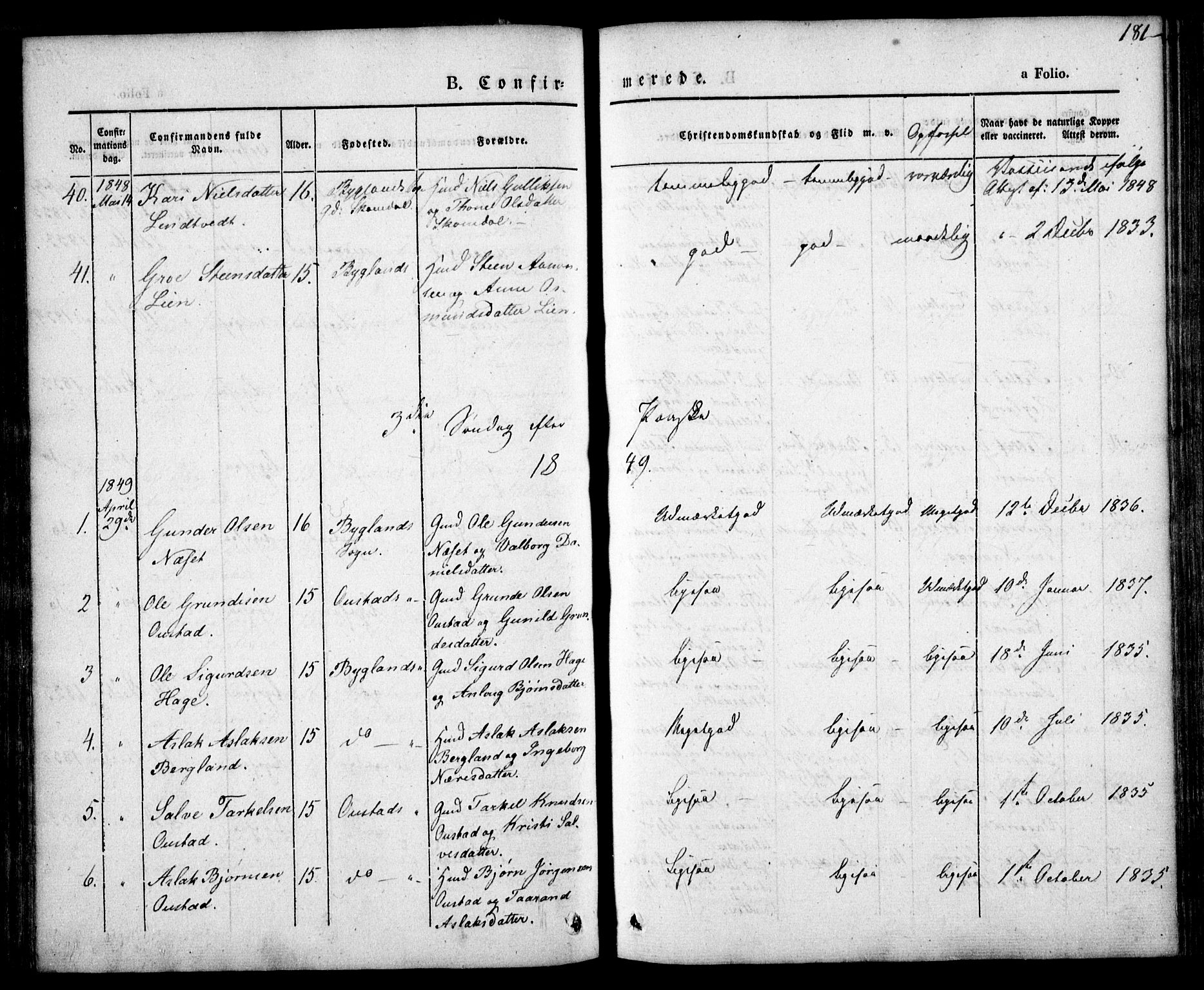 Bygland sokneprestkontor, SAK/1111-0006/F/Fa/Fab/L0004: Parish register (official) no. A 4, 1842-1858, p. 181