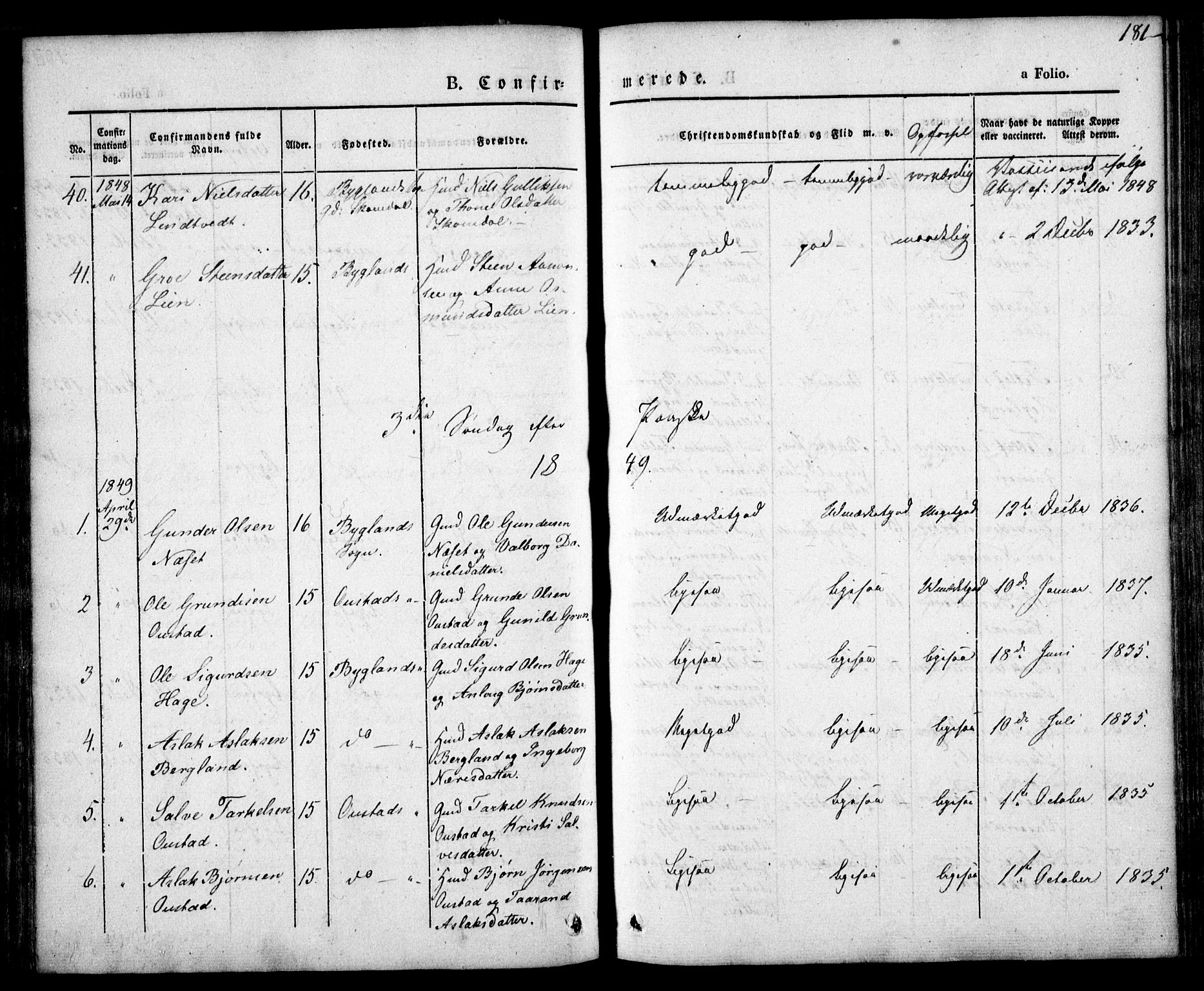 Bygland sokneprestkontor, AV/SAK-1111-0006/F/Fa/Fab/L0004: Parish register (official) no. A 4, 1842-1858, p. 181