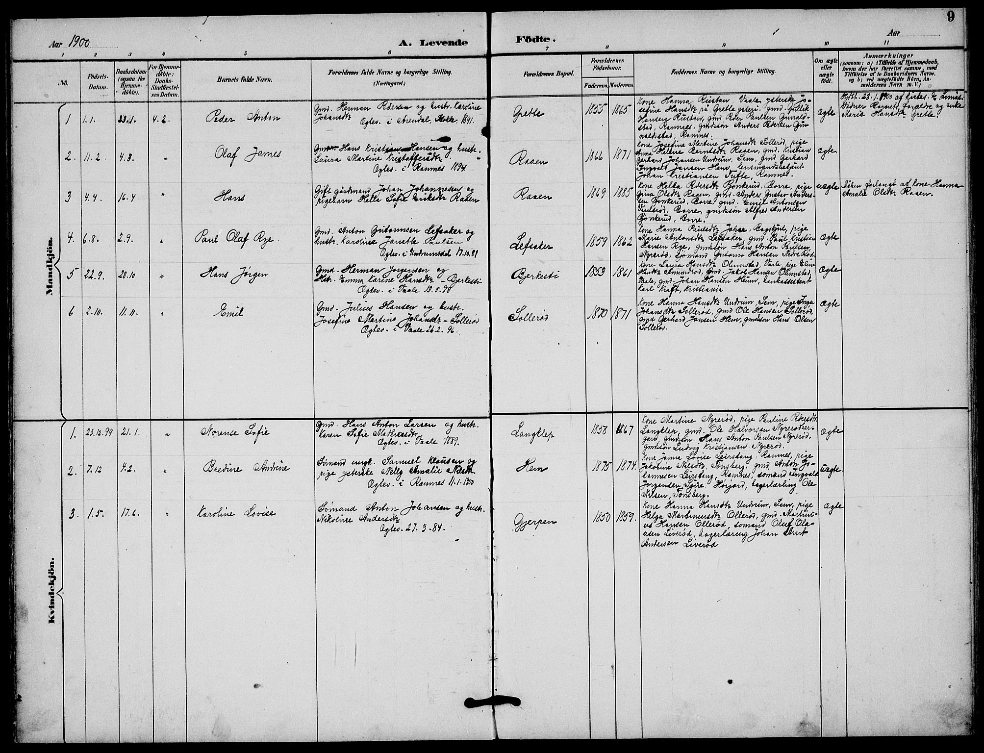 Våle kirkebøker, SAKO/A-334/G/Gb/L0002: Parish register (copy) no. II 2, 1892-1936, p. 9