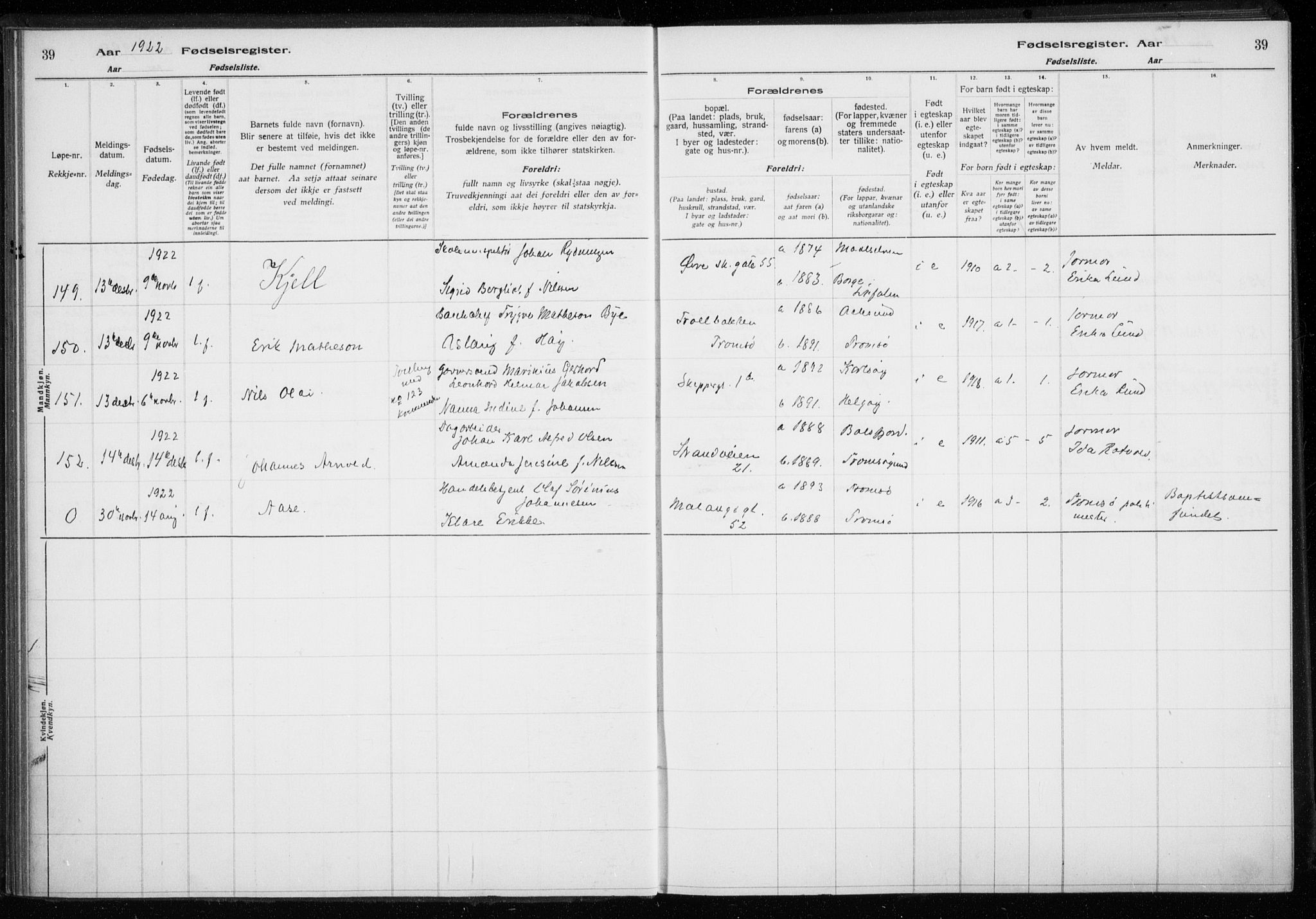 Tromsø sokneprestkontor/stiftsprosti/domprosti, AV/SATØ-S-1343/H/Ha/L0132: Birth register no. 132, 1921-1927, p. 39