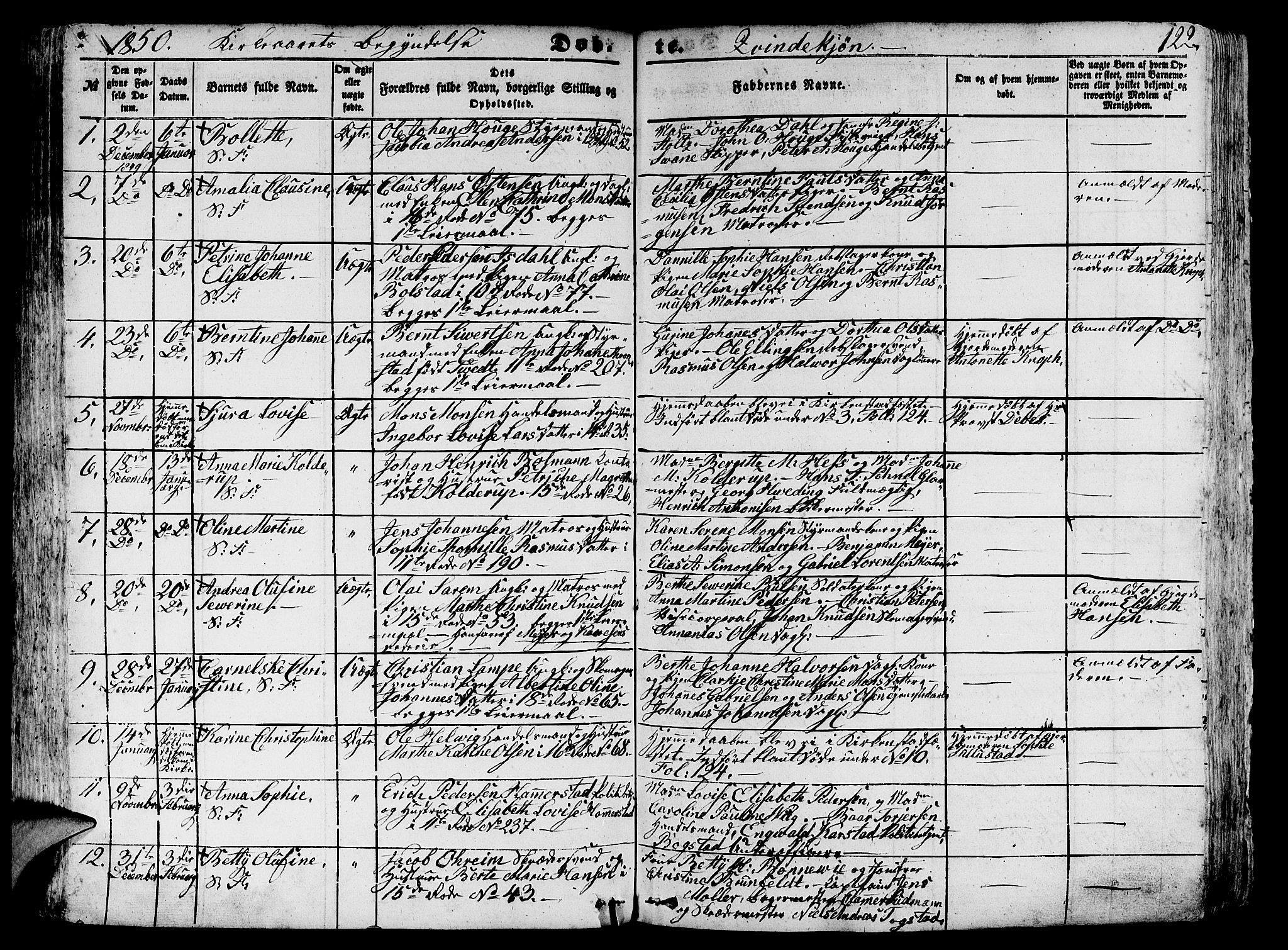 Domkirken sokneprestembete, SAB/A-74801/H/Hab/L0010: Parish register (copy) no. B 3, 1849-1856, p. 122