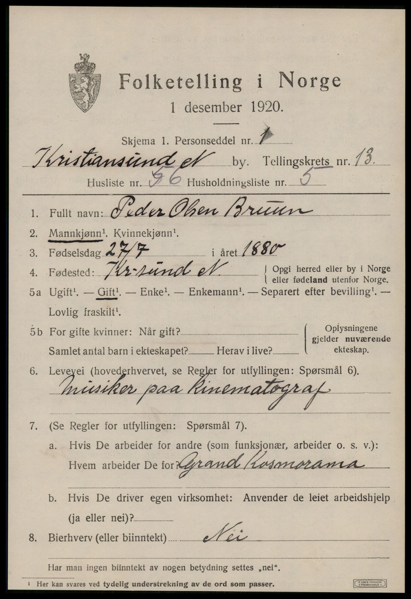 SAT, 1920 census for Kristiansund, 1920, p. 28141