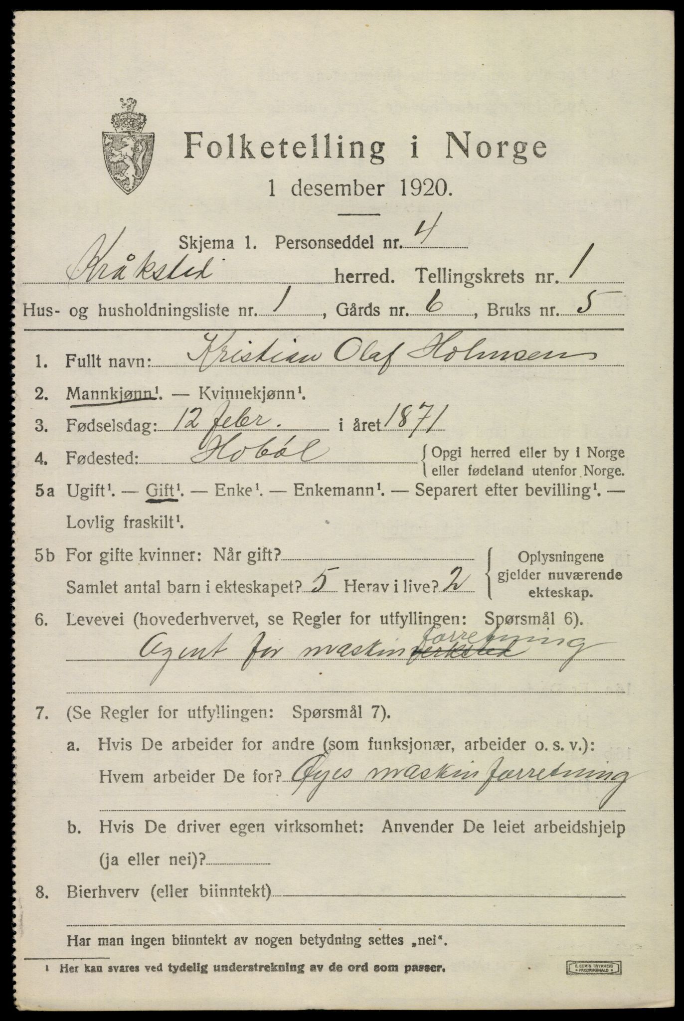 SAO, 1920 census for Kråkstad, 1920, p. 1607