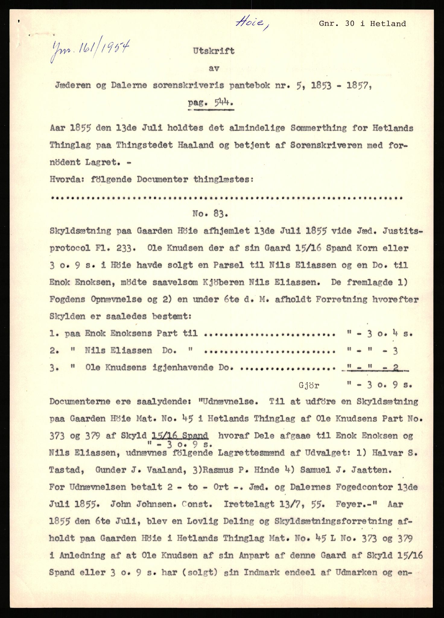 Statsarkivet i Stavanger, AV/SAST-A-101971/03/Y/Yj/L0038: Avskrifter sortert etter gårdsnavn: Hodne - Holte, 1750-1930, p. 402