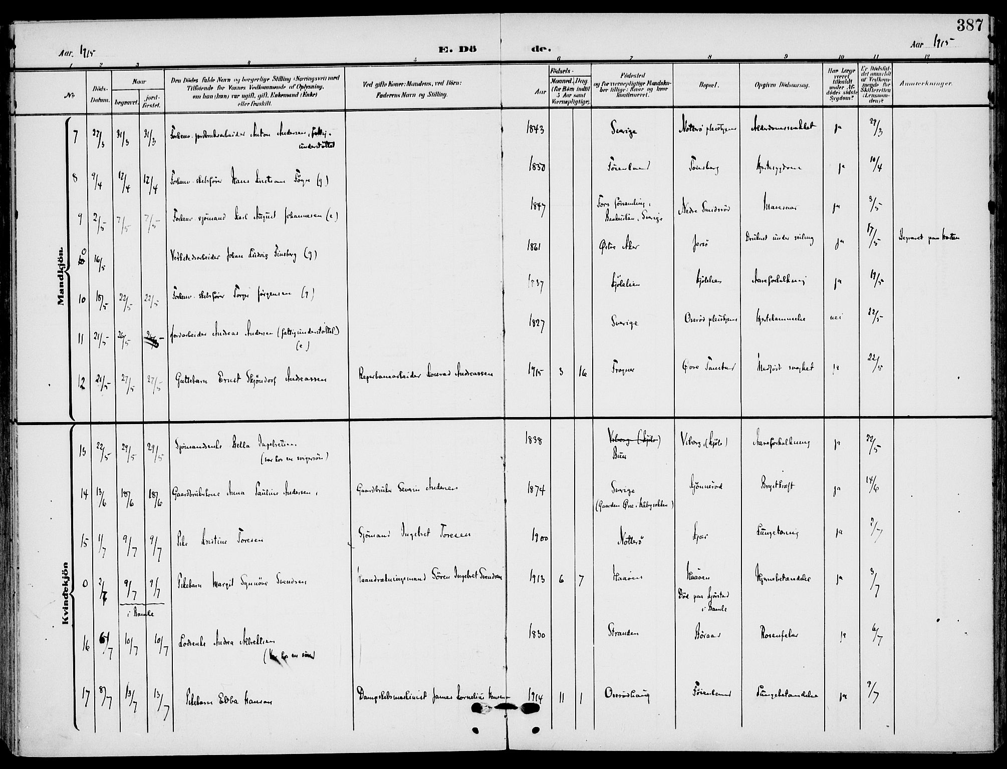 Nøtterøy kirkebøker, AV/SAKO-A-354/F/Fa/L0010: Parish register (official) no. I 10, 1908-1919, p. 387