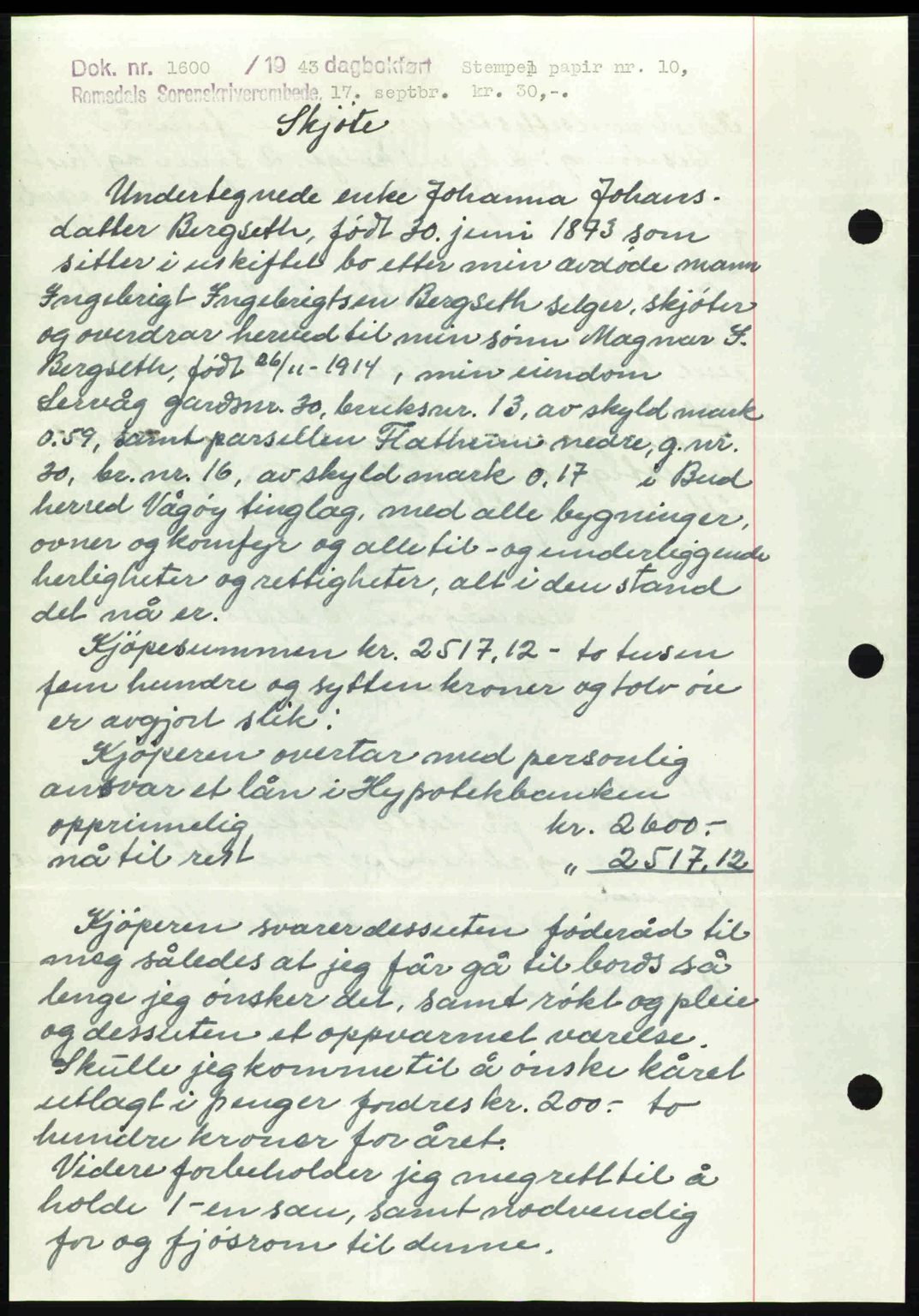 Romsdal sorenskriveri, AV/SAT-A-4149/1/2/2C: Mortgage book no. A14, 1943-1943, Diary no: : 1598/1943