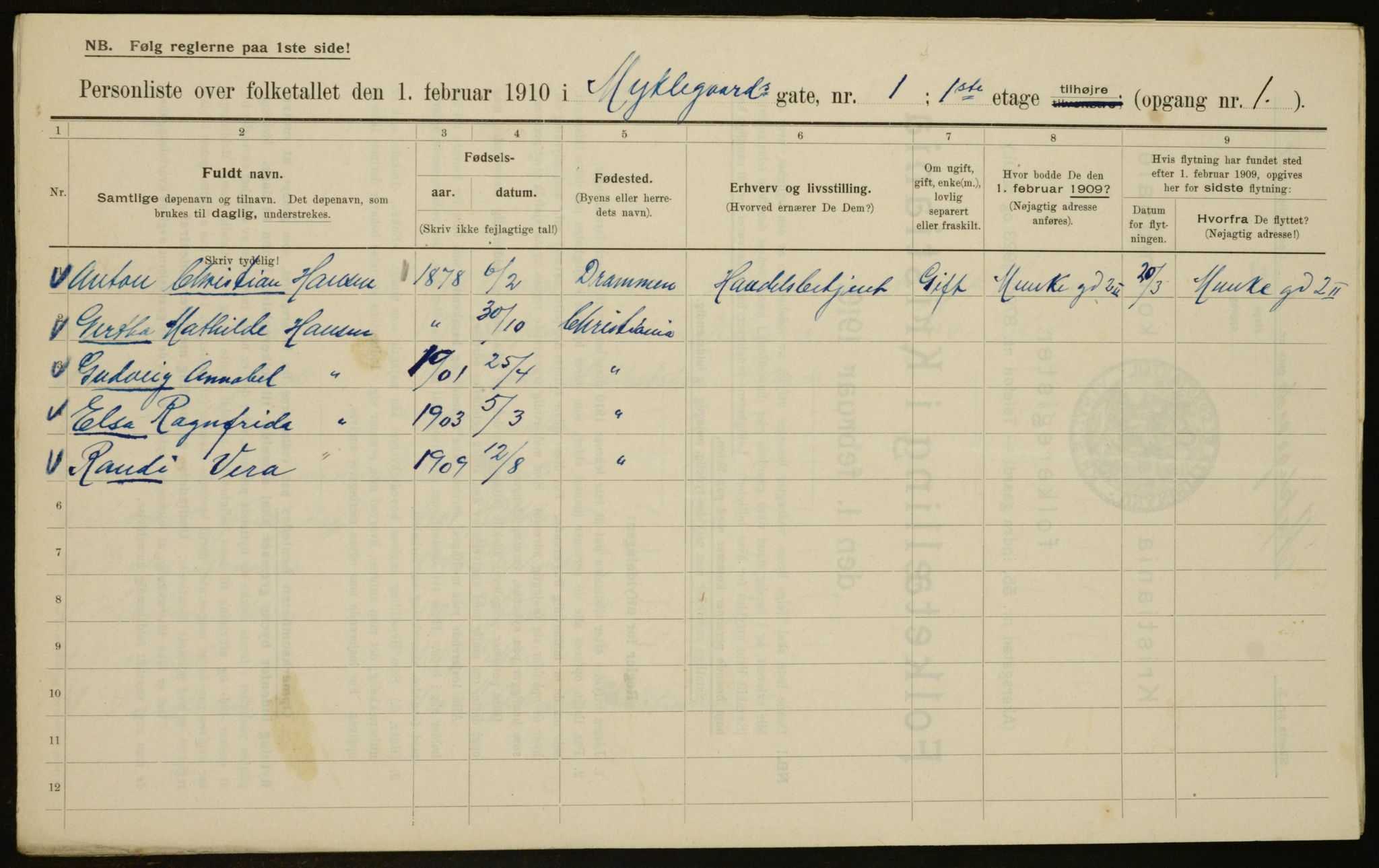 OBA, Municipal Census 1910 for Kristiania, 1910, p. 65826