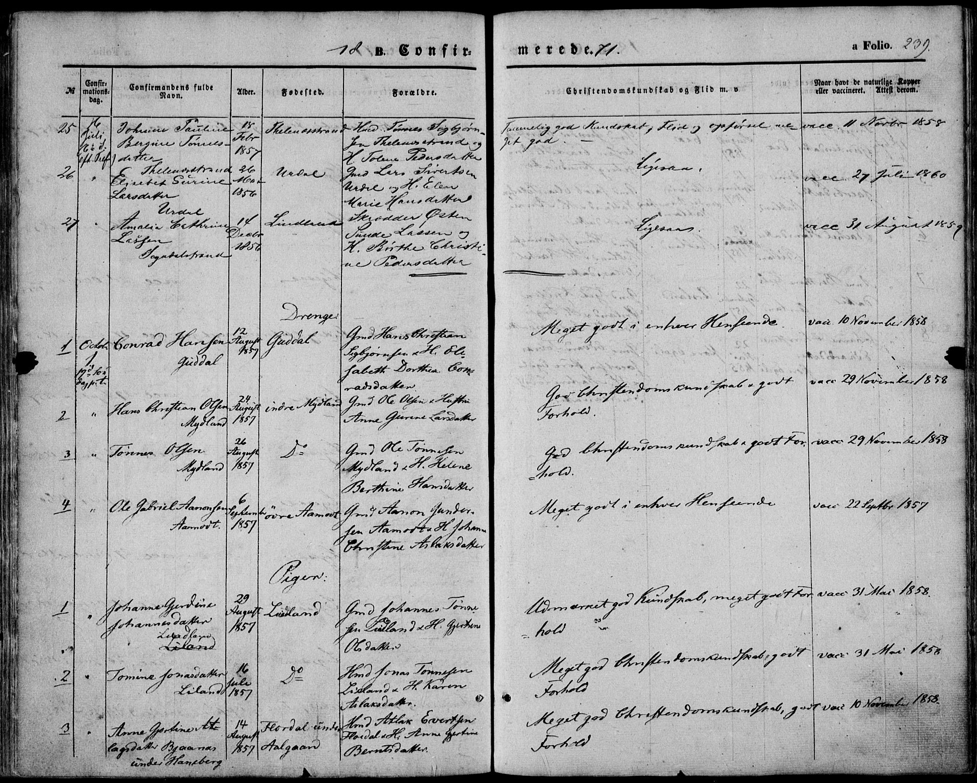 Sokndal sokneprestkontor, AV/SAST-A-101808: Parish register (official) no. A 9, 1857-1874, p. 239