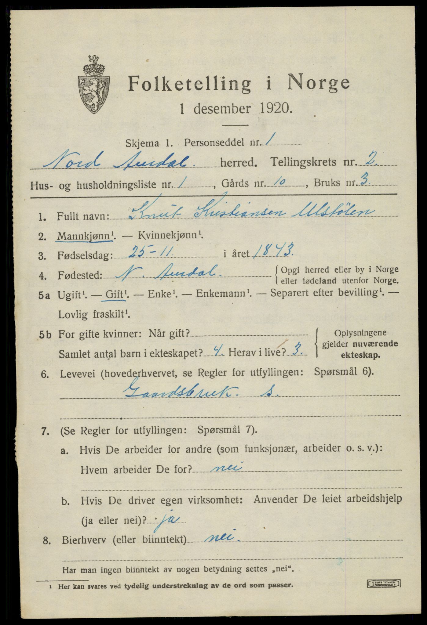 SAH, 1920 census for Nord-Aurdal, 1920, p. 3122