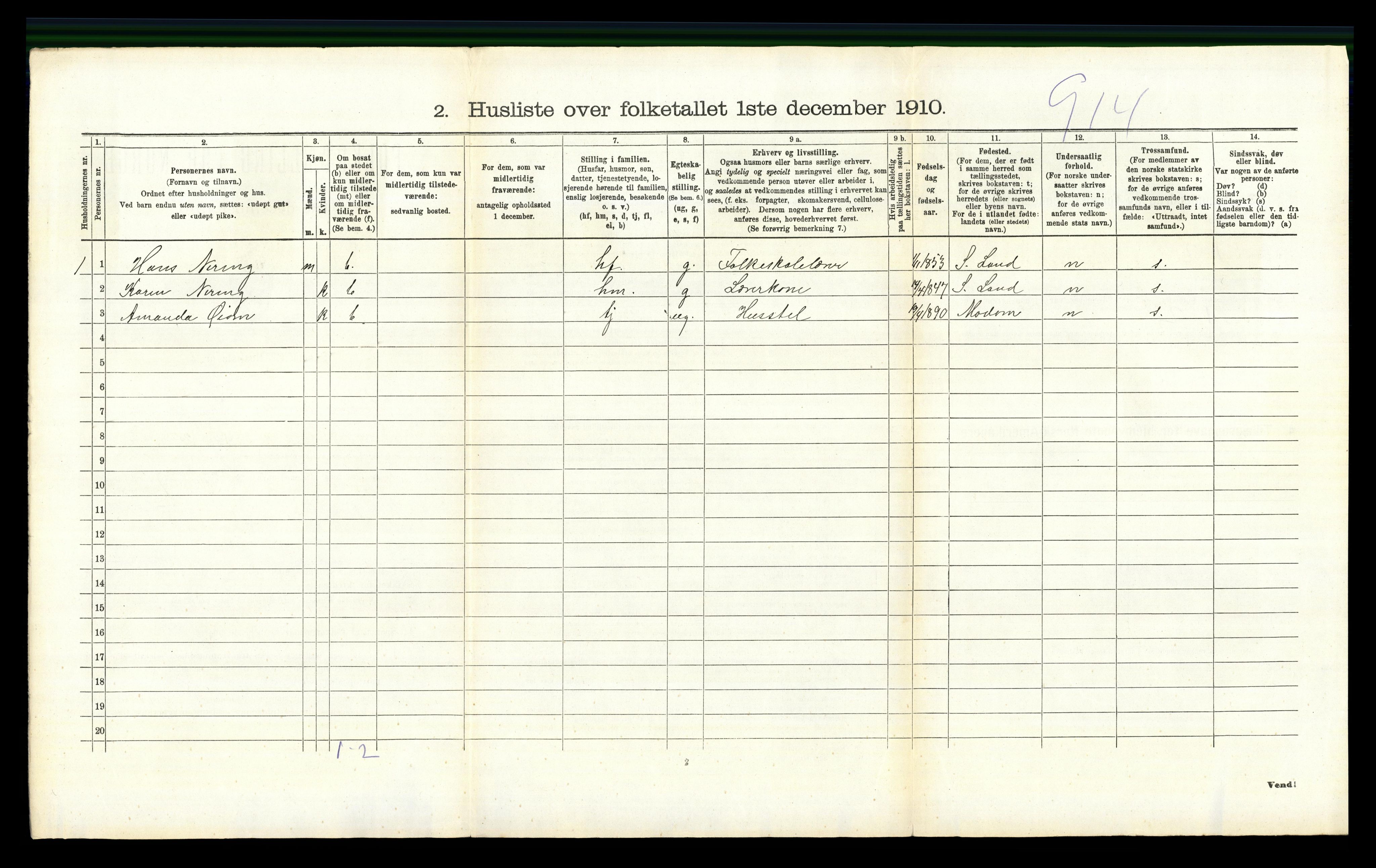 RA, 1910 census for Nordre Land, 1910, p. 400