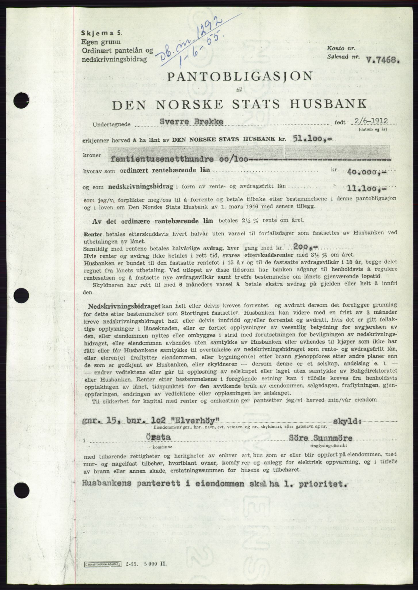 Søre Sunnmøre sorenskriveri, AV/SAT-A-4122/1/2/2C/L0126: Mortgage book no. 14B, 1954-1955, Diary no: : 1292/1955