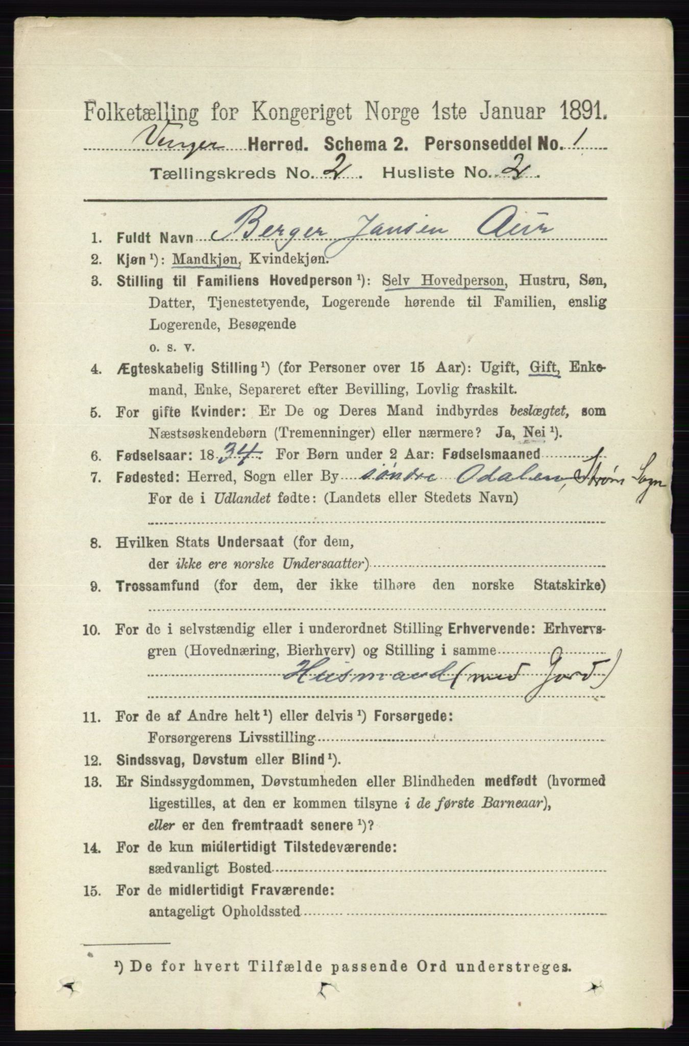 RA, 1891 census for 0421 Vinger, 1891, p. 466