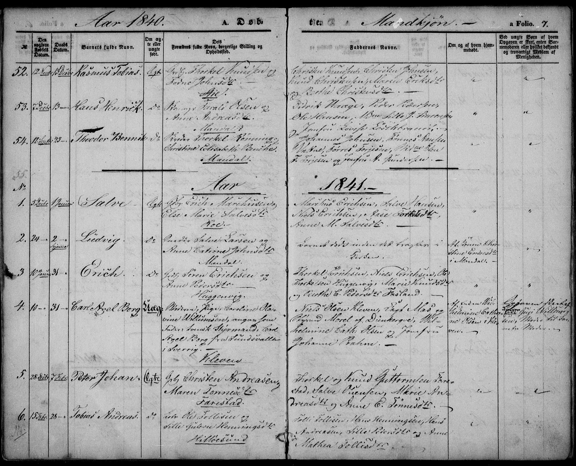 Mandal sokneprestkontor, SAK/1111-0030/F/Fa/Faa/L0012: Parish register (official) no. A 12, 1840-1847, p. 7
