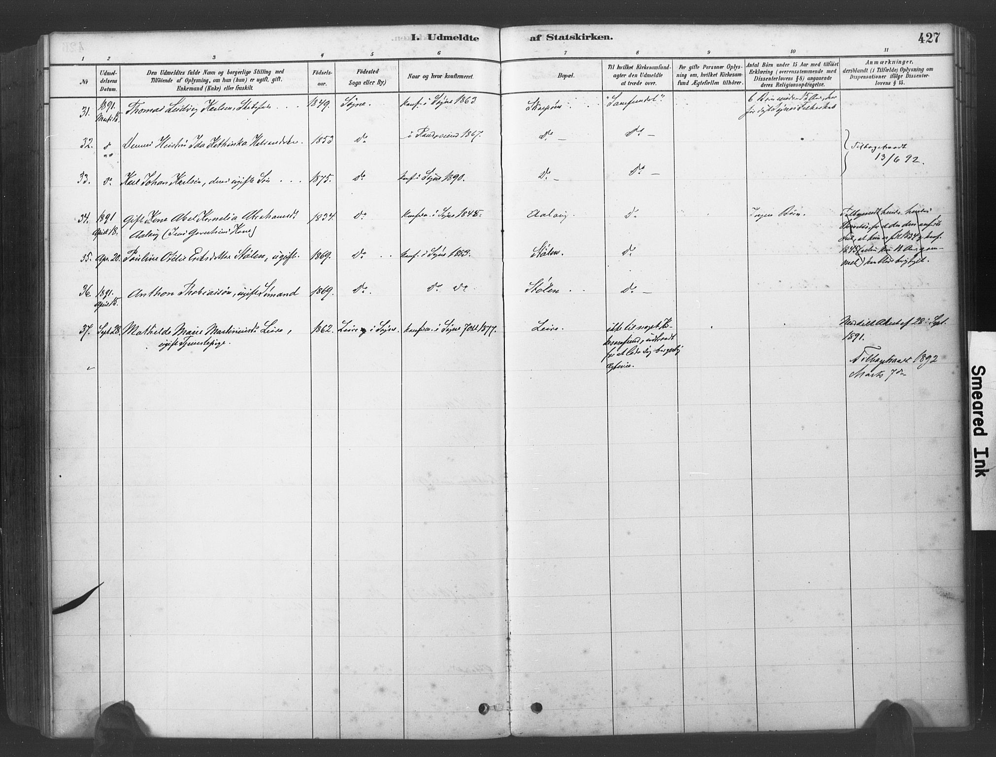 Søgne sokneprestkontor, AV/SAK-1111-0037/F/Fa/Fab/L0012: Parish register (official) no. A 12, 1880-1891, p. 427