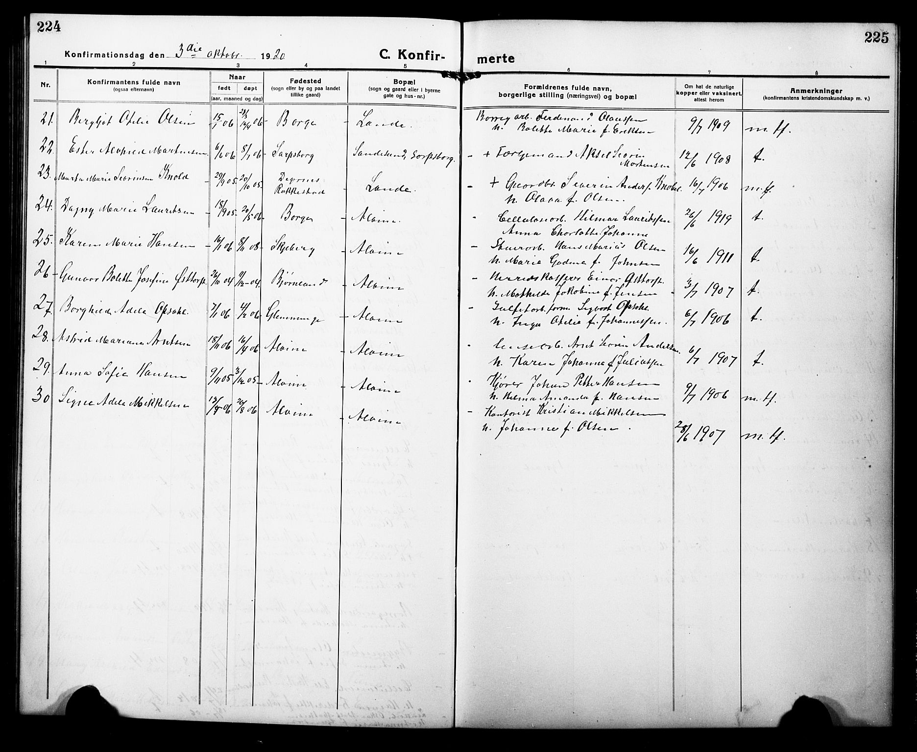 Tune prestekontor Kirkebøker, AV/SAO-A-2007/G/Ga/L0004: Parish register (copy) no. I 4, 1919-1928, p. 224-225