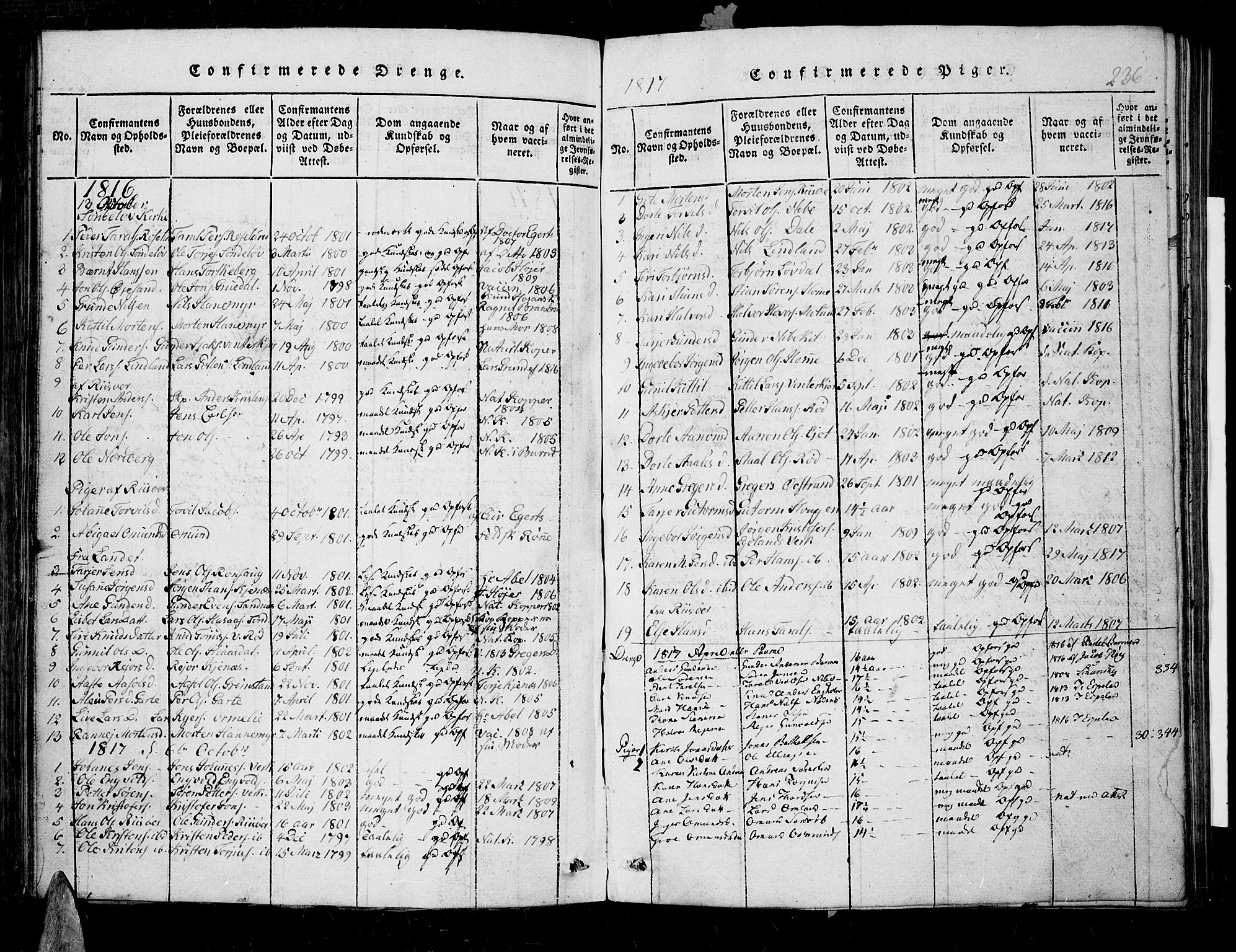 Søndeled sokneprestkontor, SAK/1111-0038/F/Fb/L0002: Parish register (copy) no. B 2, 1816-1839, p. 236