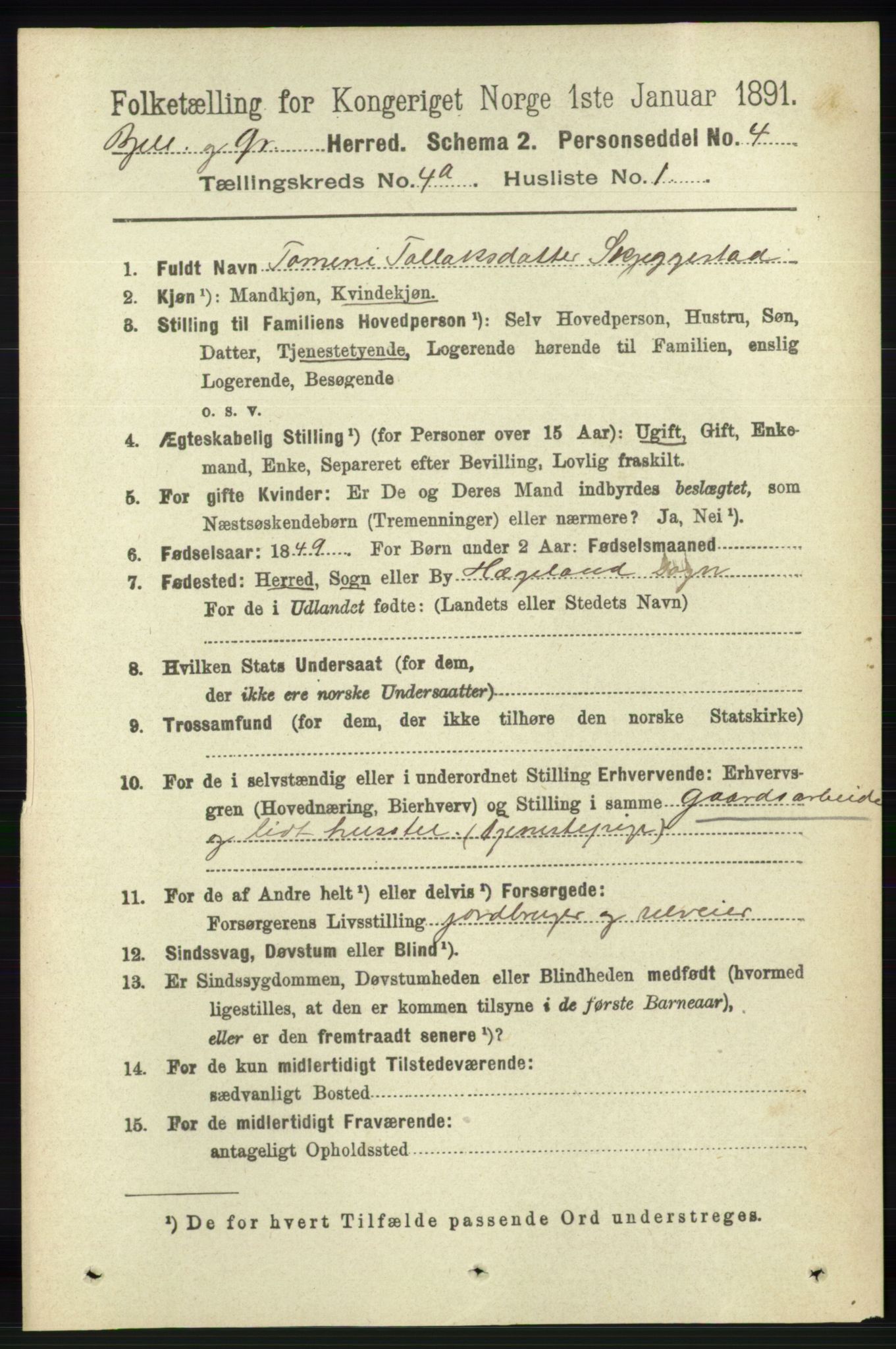 RA, 1891 census for 1024 Bjelland og Grindheim, 1891, p. 2084