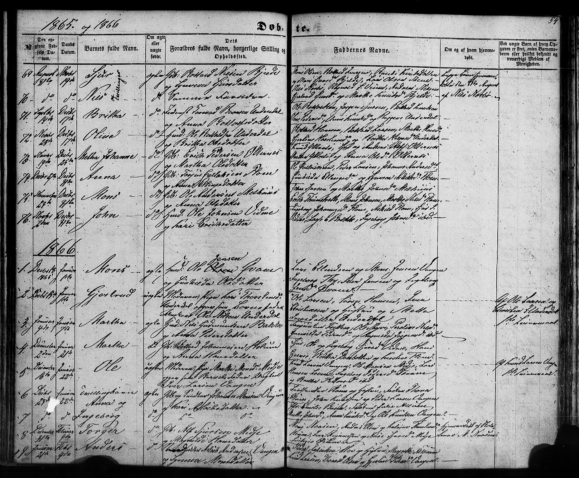 Aurland sokneprestembete, SAB/A-99937/H/Ha/Haa/L0008: Parish register (official) no. A 8, 1853-1879, p. 54