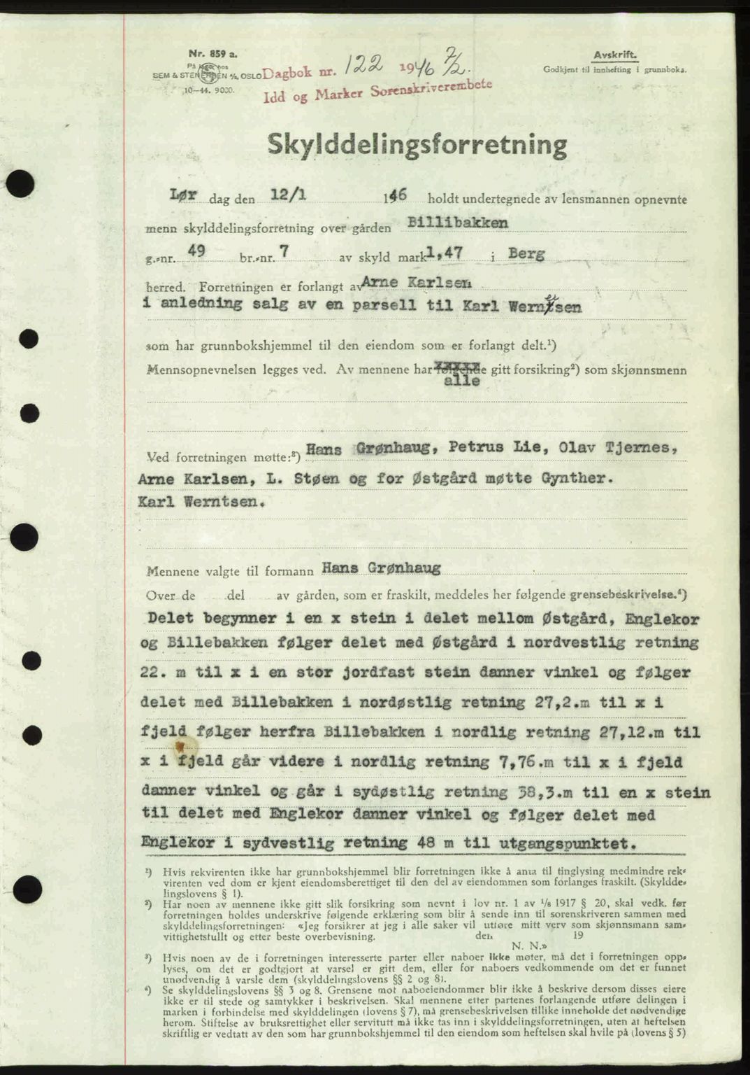 Idd og Marker sorenskriveri, AV/SAO-A-10283/G/Gb/Gbb/L0008: Mortgage book no. A8, 1946-1946, Diary no: : 122/1946